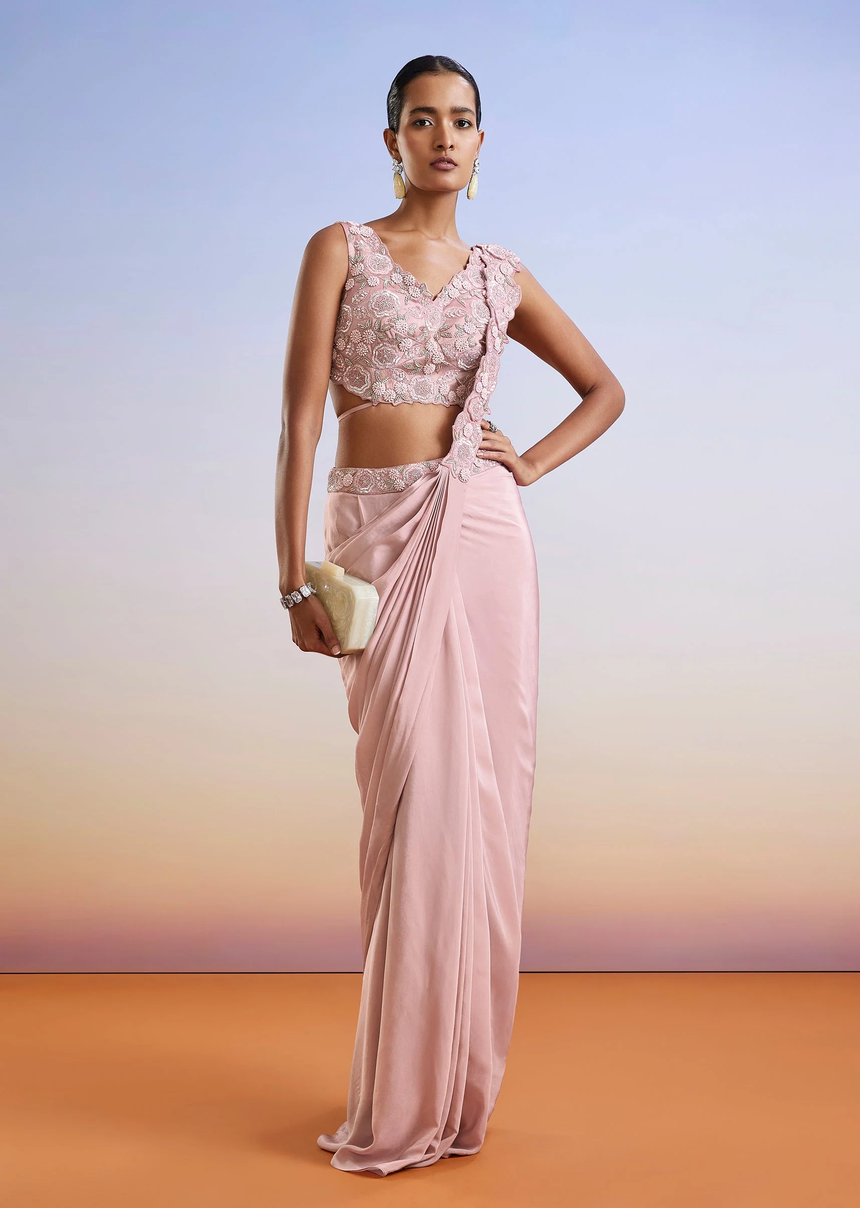 Pink Sequins Embroidered Ready Pleated Saree With Blouse - Image 3