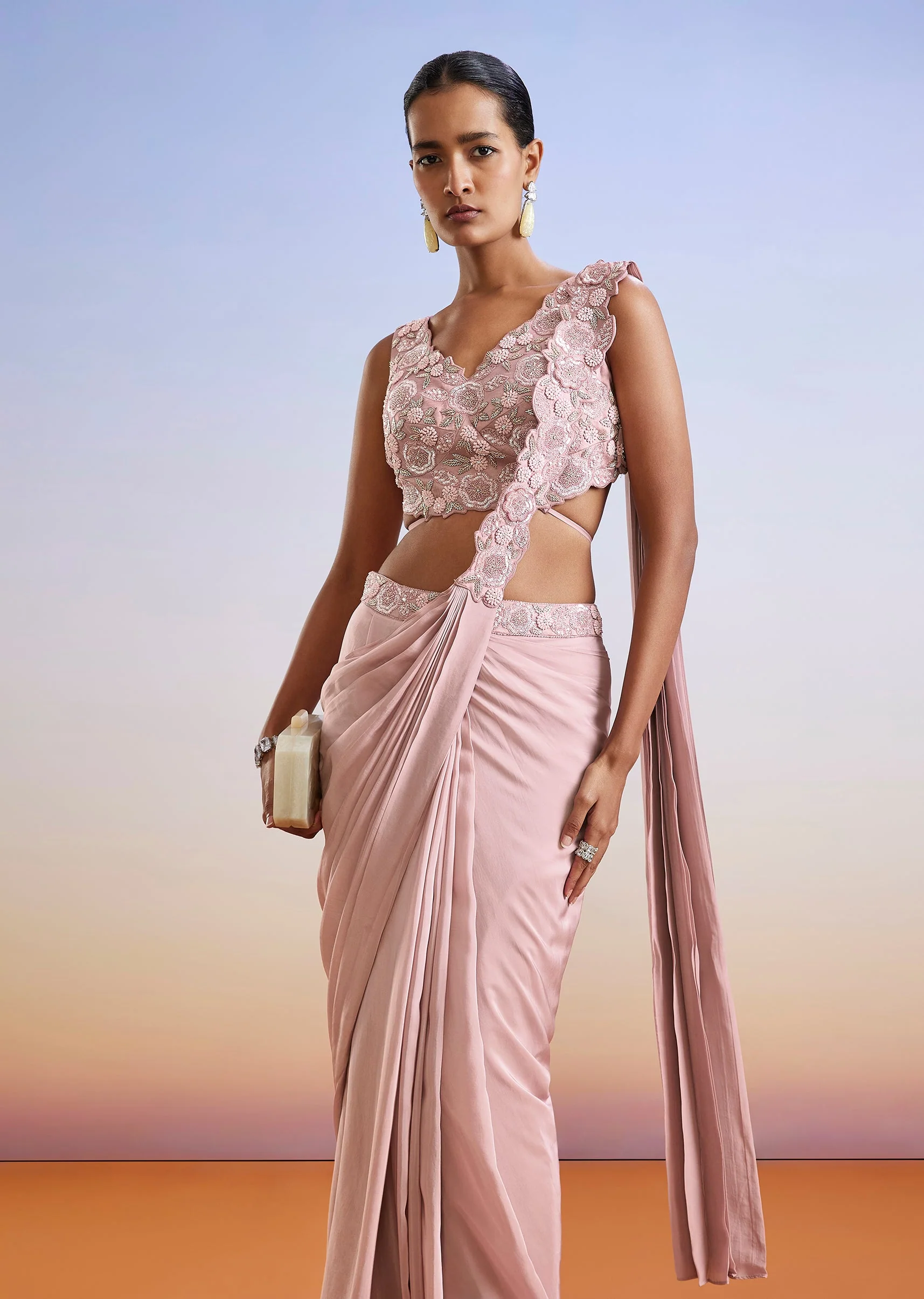 Pink Sequins Embroidered Ready Pleated Saree With Blouse - Image 4