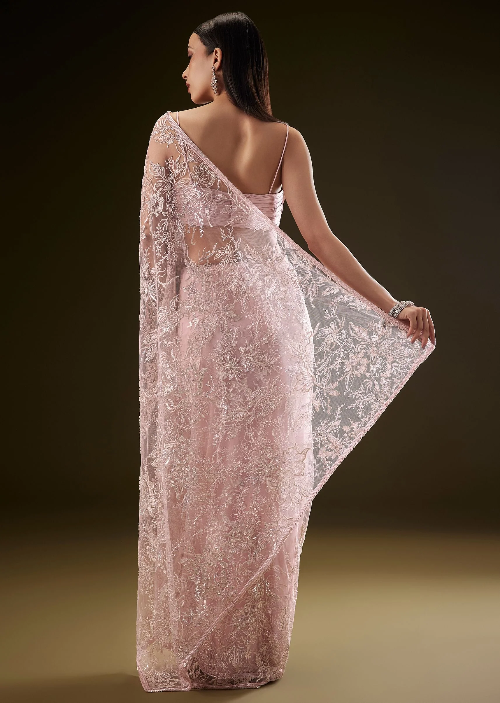 Pink Sequins Saree With Ruched Blouse - Image 3