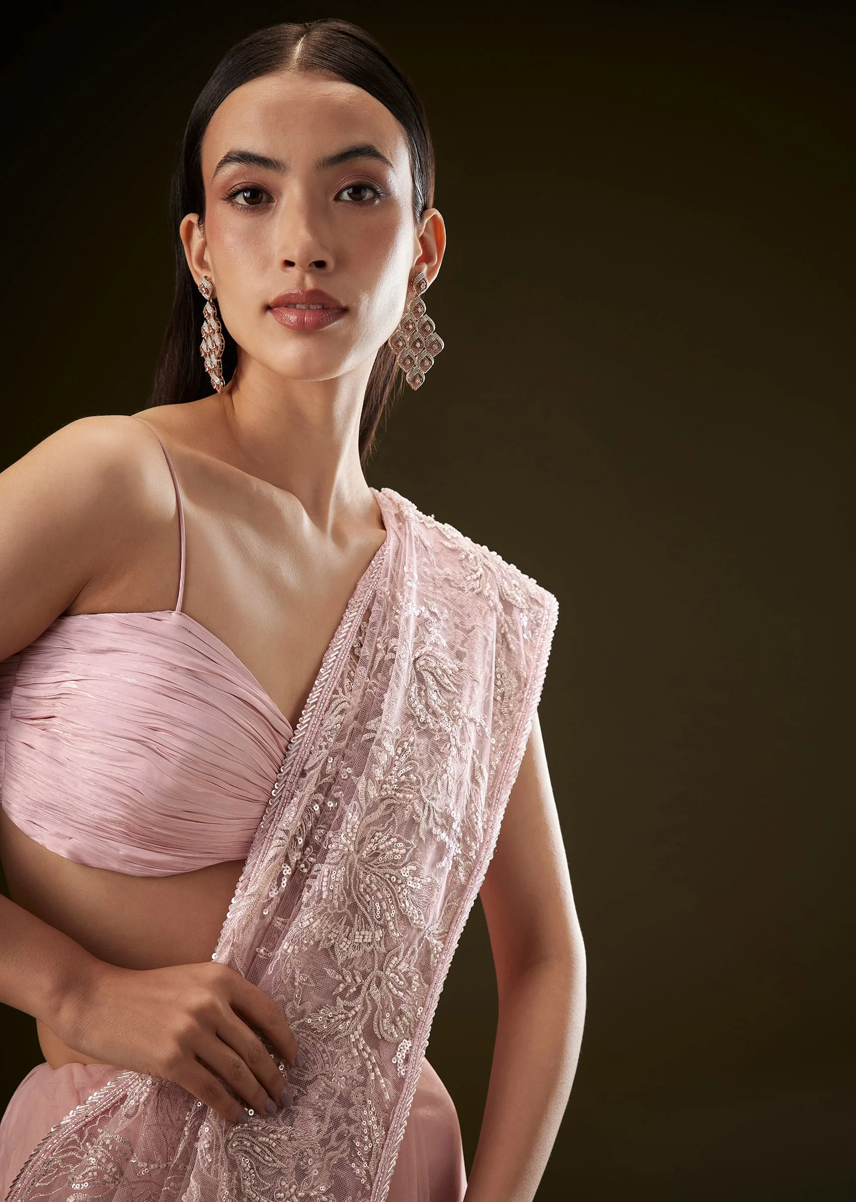 Pink Sequins Saree With Ruched Blouse - Image 4