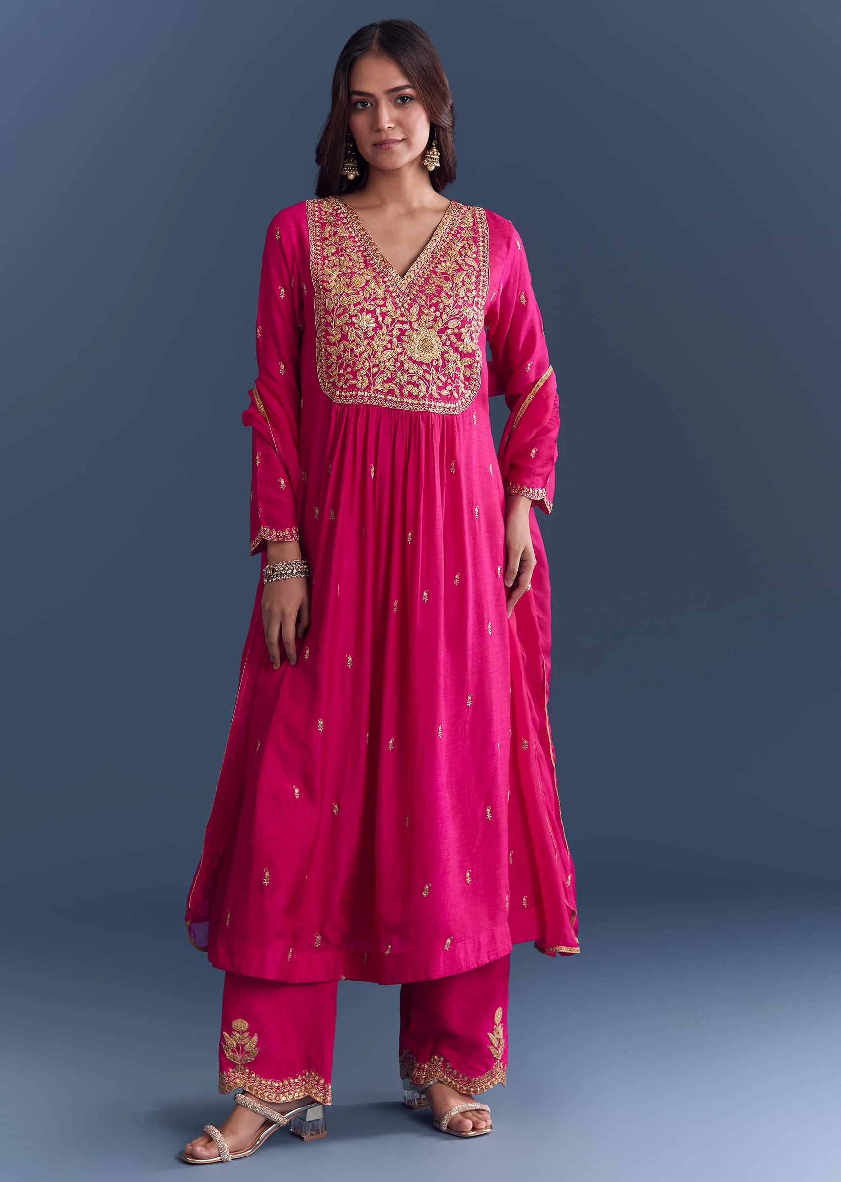 Pink Silk Anarkali Suit With Zari Thread Embroidery - Image 3