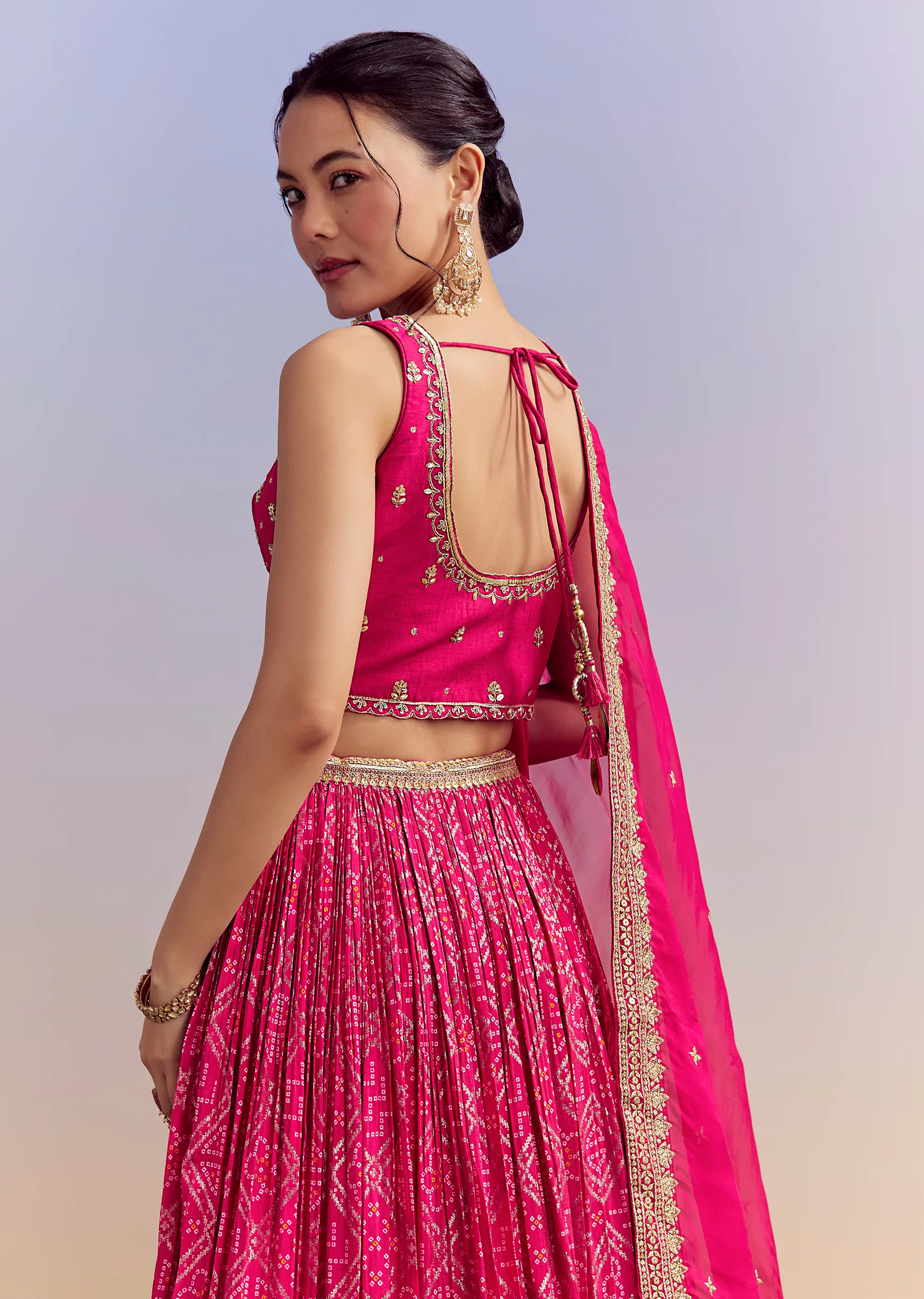 Pink Silk Bandhani Bridesmaid Lehenga With Zardosi Work - Image 6