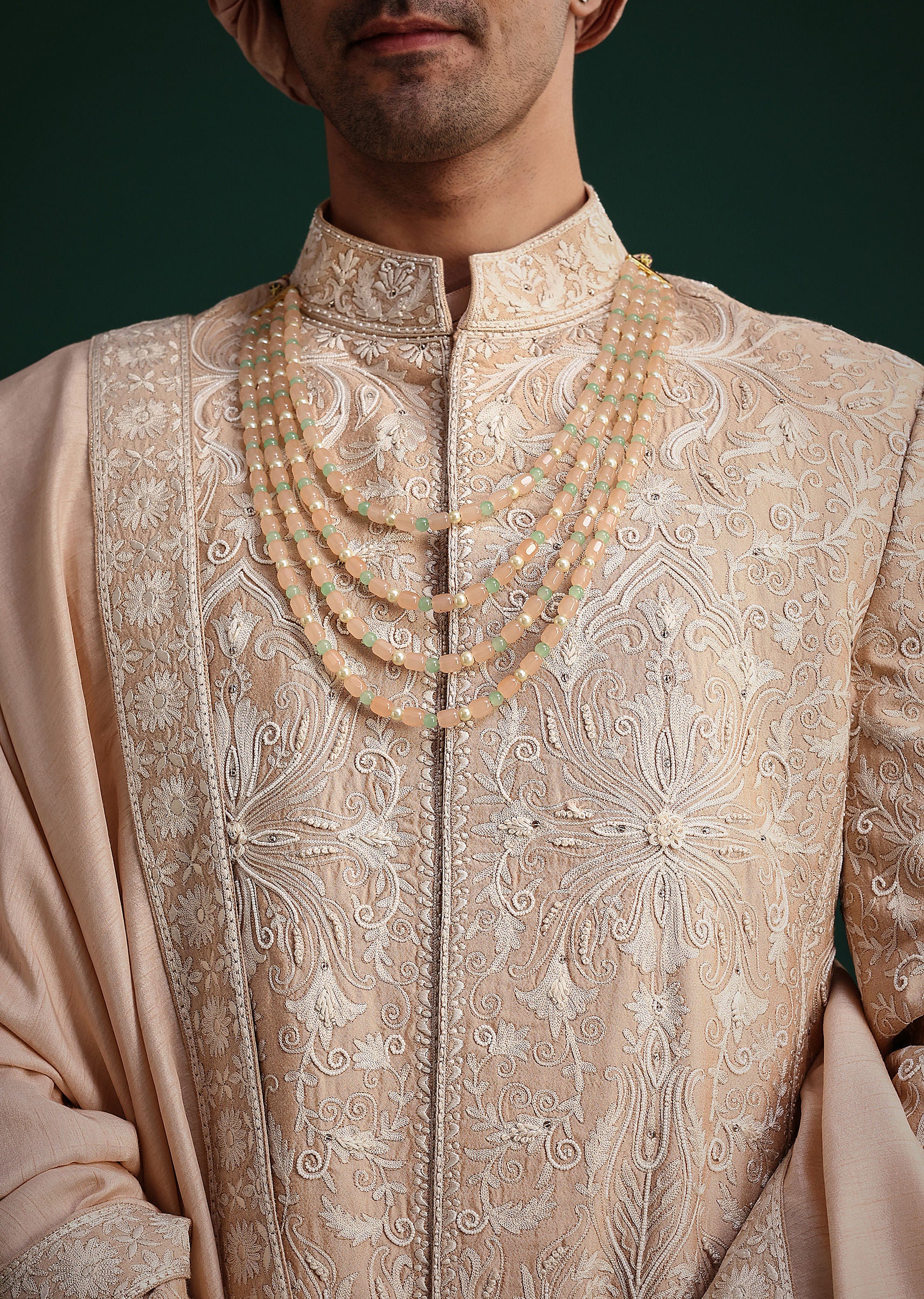 Pink Silk Blend Cotton Silk Sherwani Dupatta Set With Beaded Aari Work - Image 3