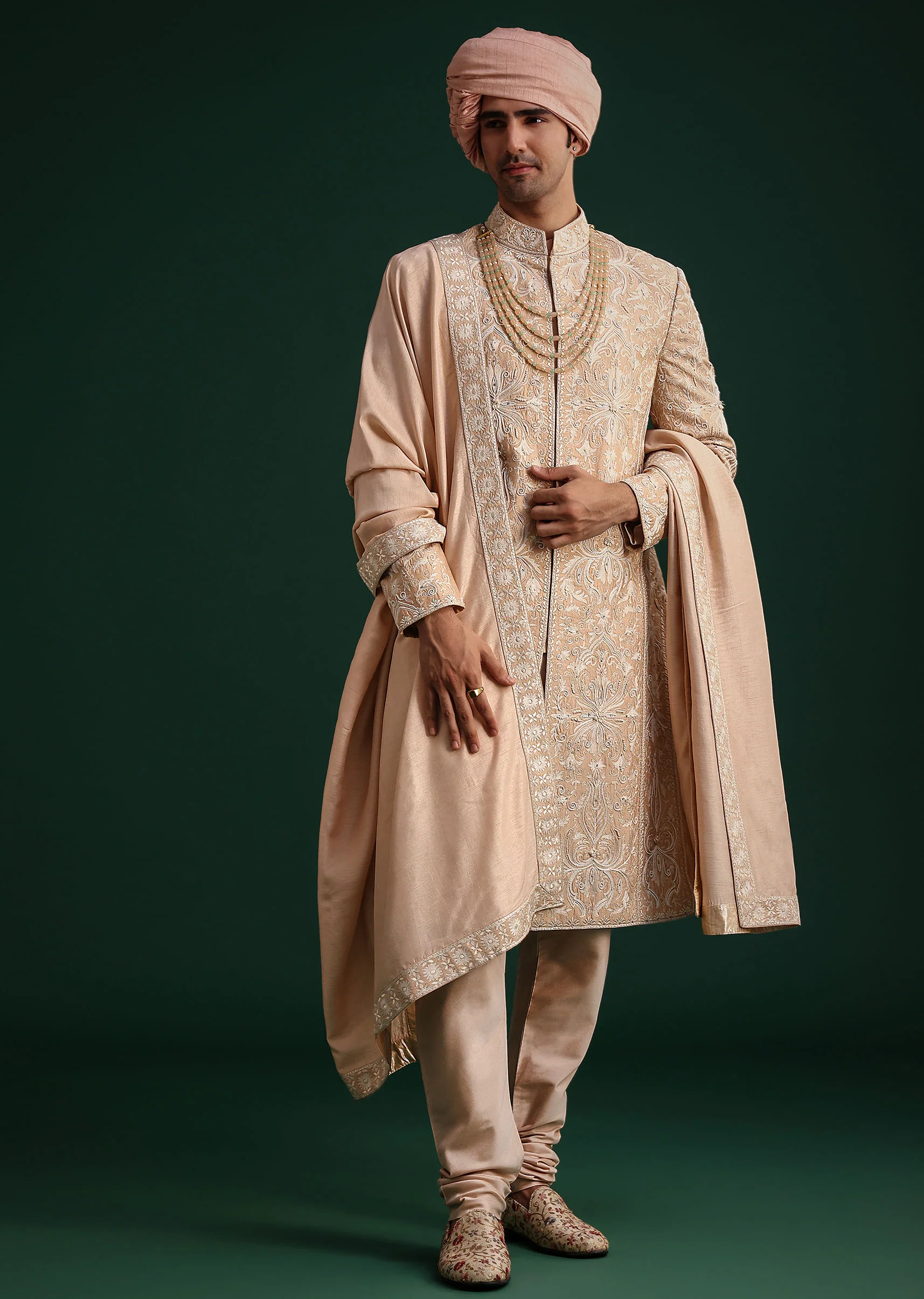 Pink Silk Blend Cotton Silk Sherwani Dupatta Set With Beaded Aari Work - Image 4