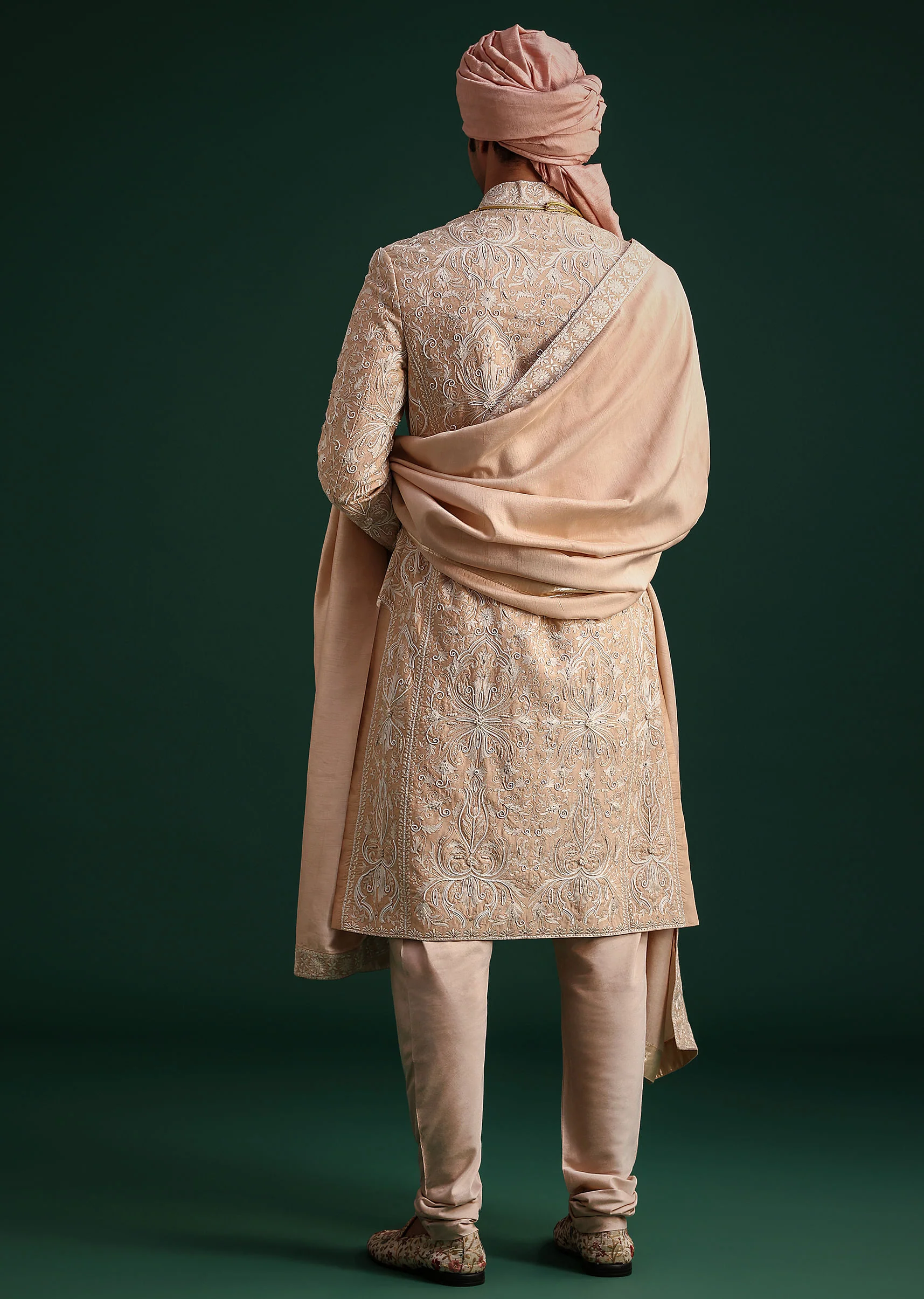 Pink Silk Blend Cotton Silk Sherwani Dupatta Set With Beaded Aari Work - Image 5