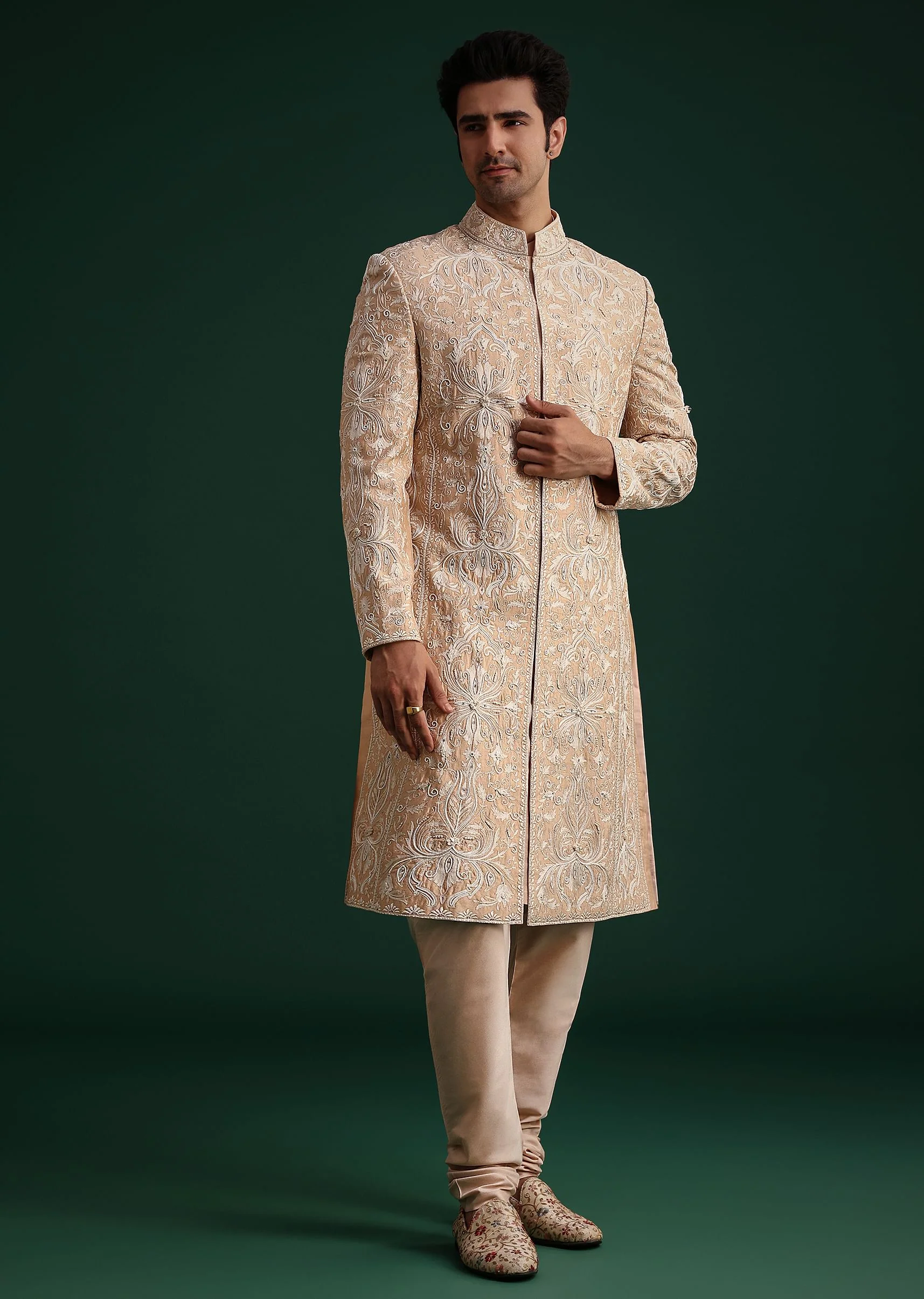 Pink Silk Blend Cotton Silk Sherwani Dupatta Set With Beaded Aari Work - Image 7