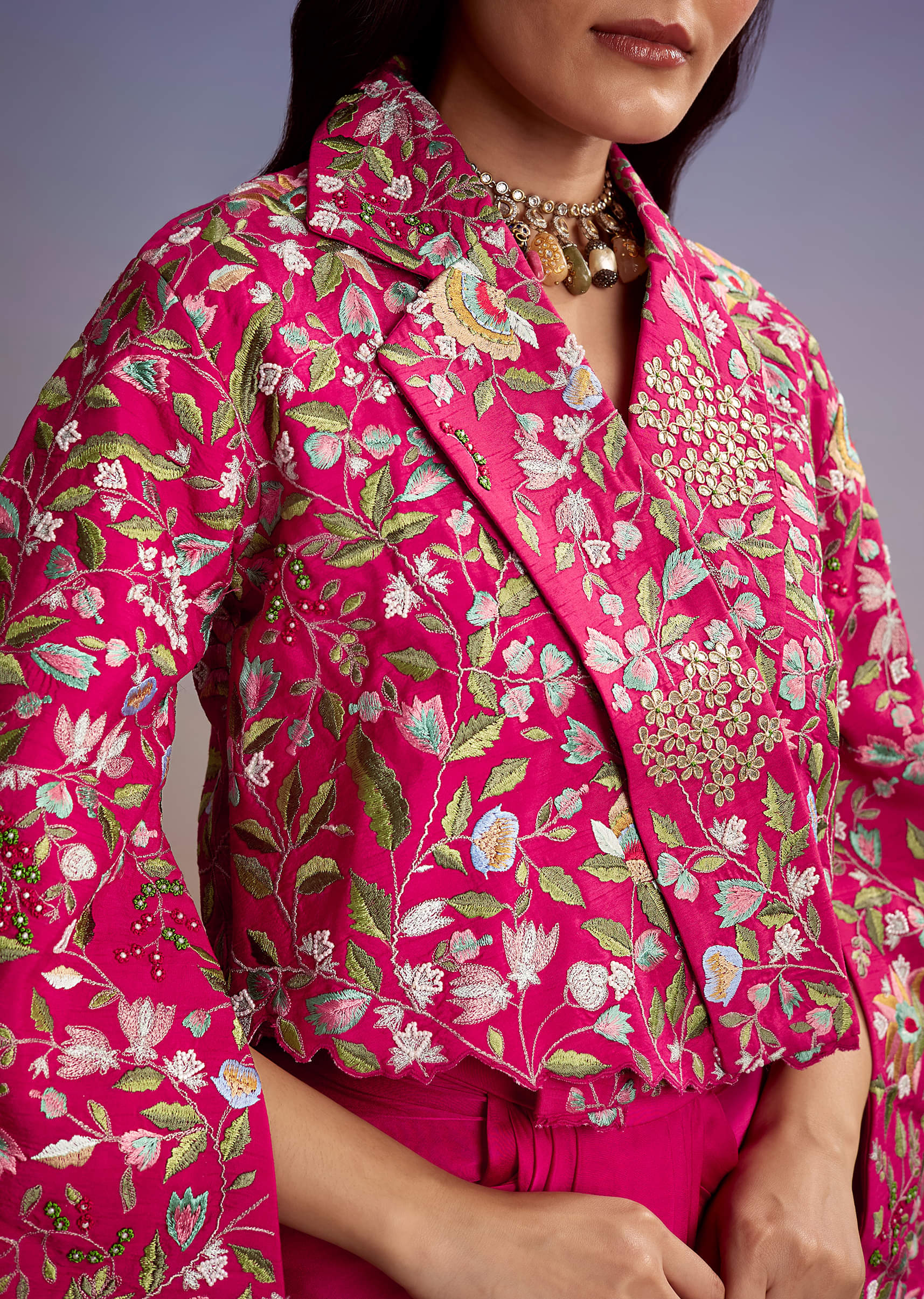 Pink Silk Crop Top And Drape Skirt With Resham Work - Image 2