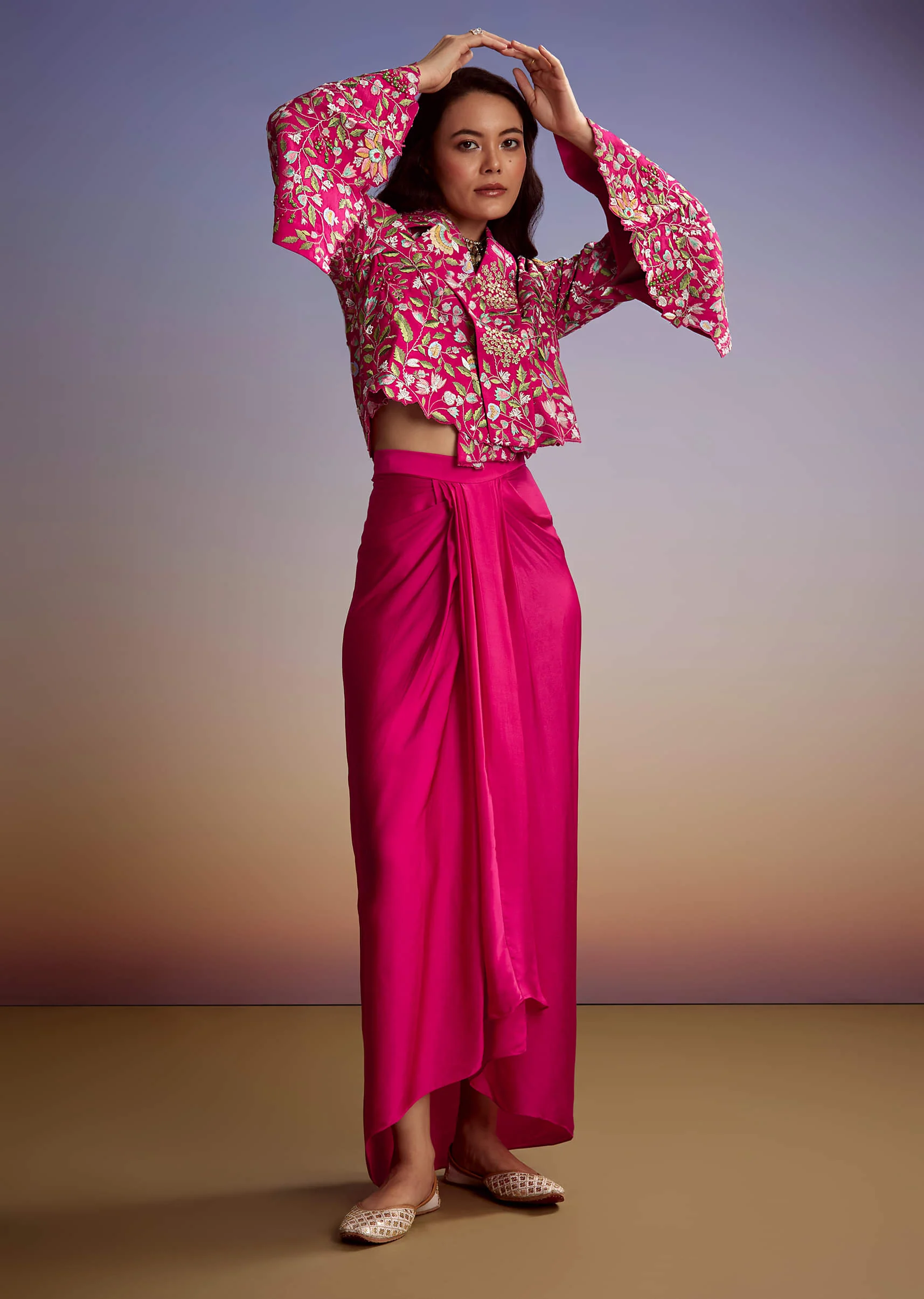Pink Silk Crop Top And Drape Skirt With Resham Work - Image 3