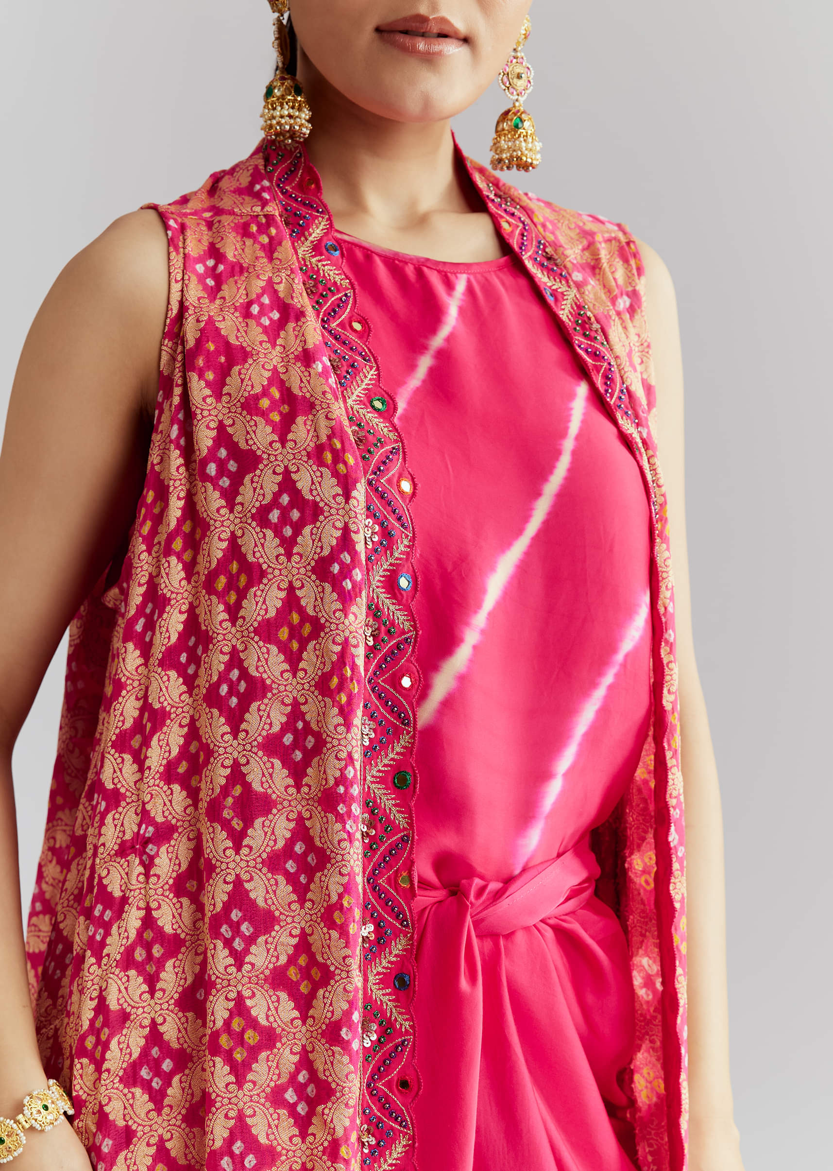 Pink Silk Crop Top And Wrap Skirt Set With Bandhani banarasi jacket - Image 2