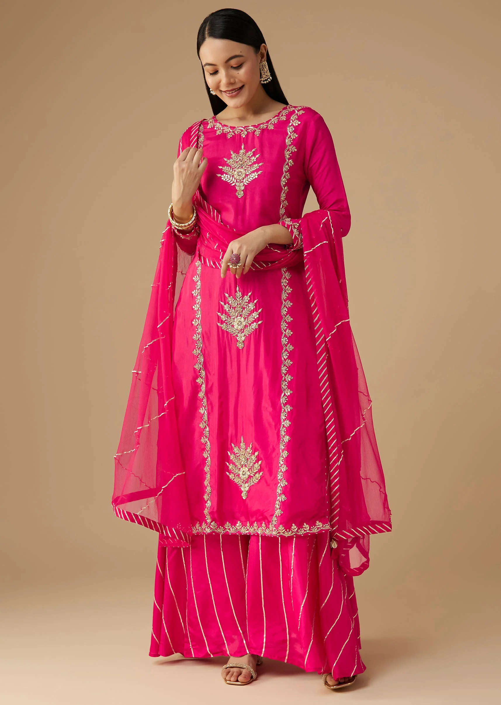Pink Silk Embroidered Kurta And Palazzo Set - Image 3