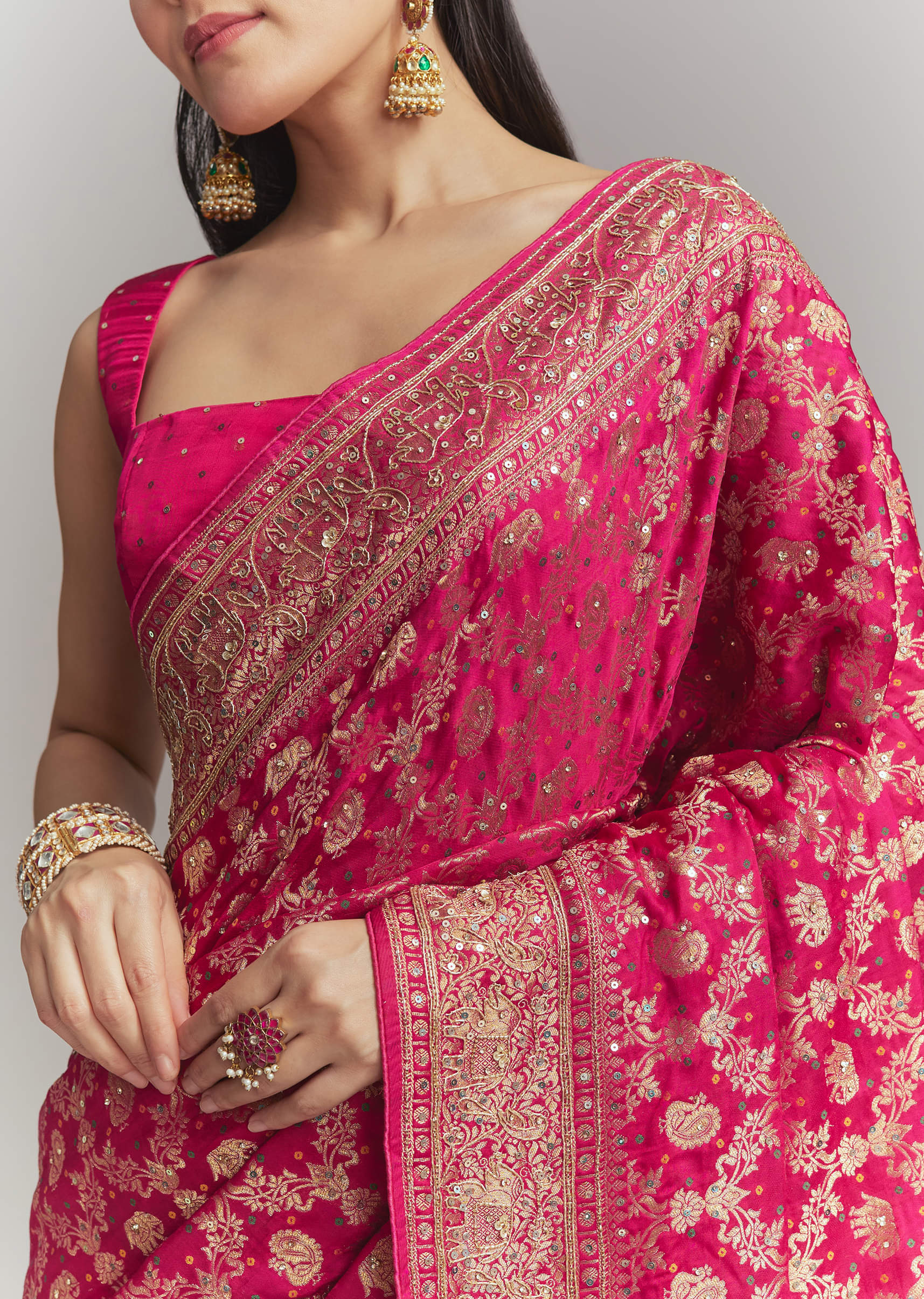 Pink Silk Embroidered Saree With Heavy Hand Embroidery - Image 2