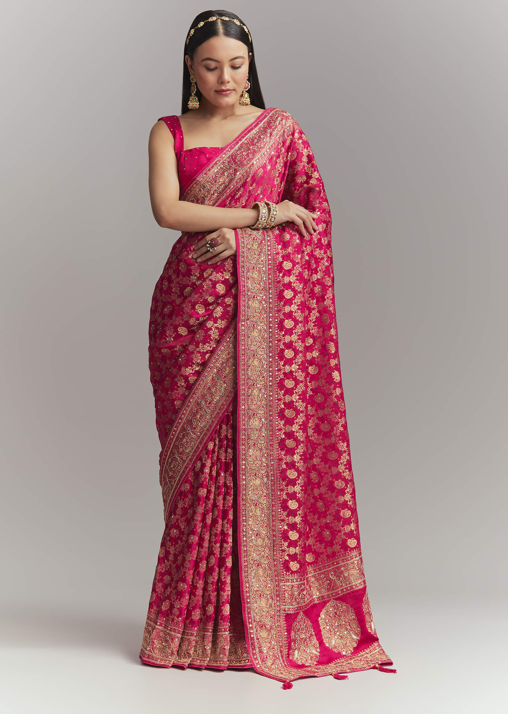 Pink Silk Embroidered Saree With Heavy Hand Embroidery - Image 3