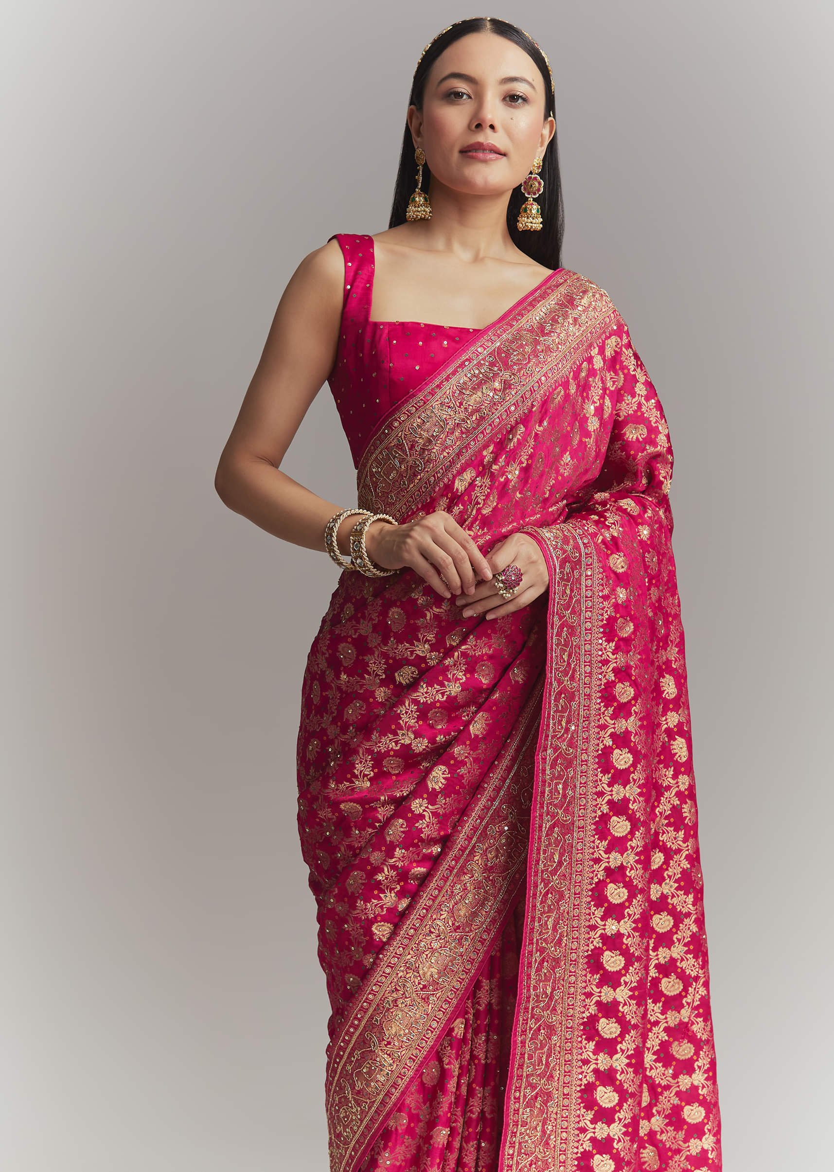 Pink Silk Embroidered Saree With Heavy Hand Embroidery - Image 5