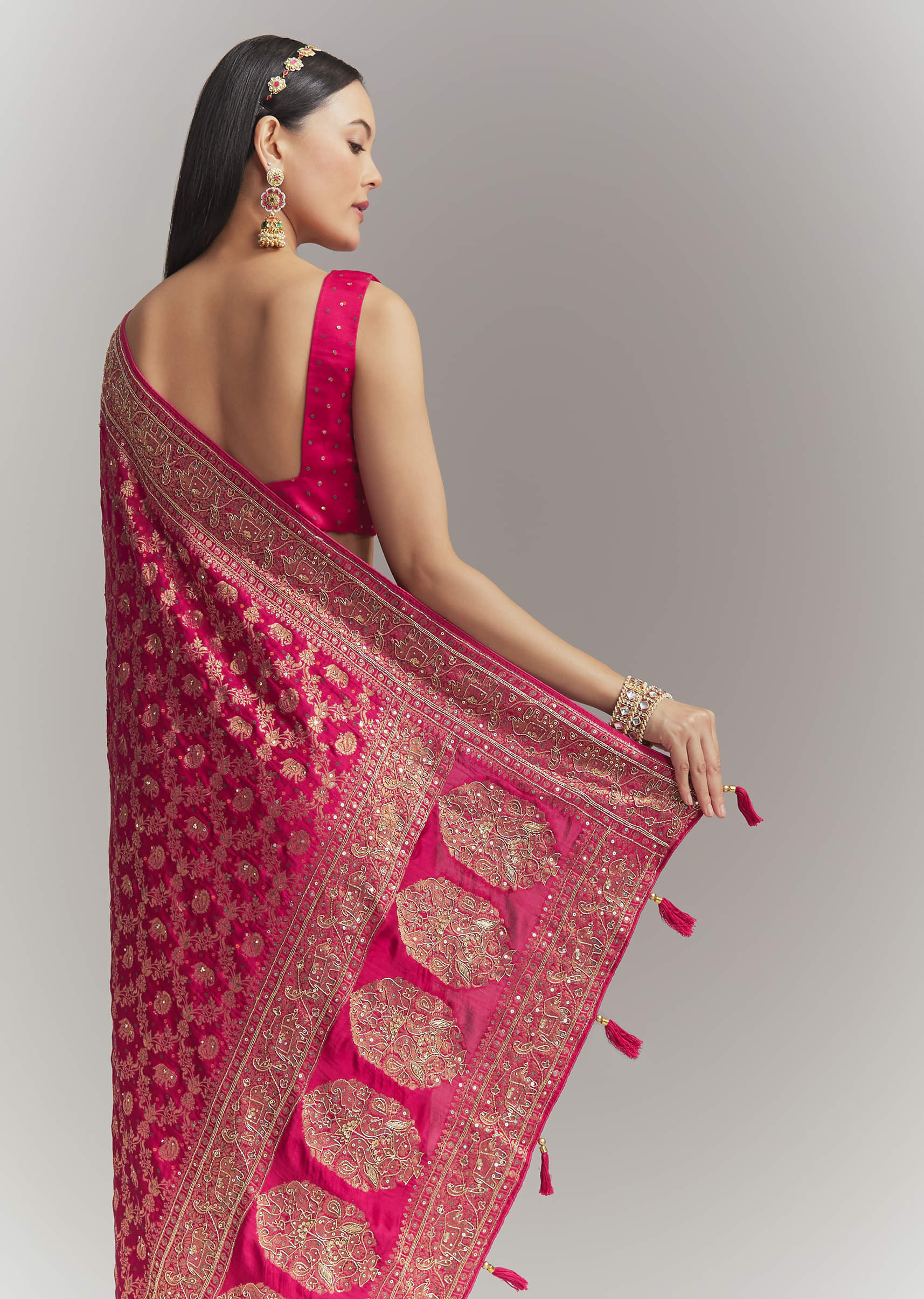 Pink Silk Embroidered Saree With Heavy Hand Embroidery - Image 6