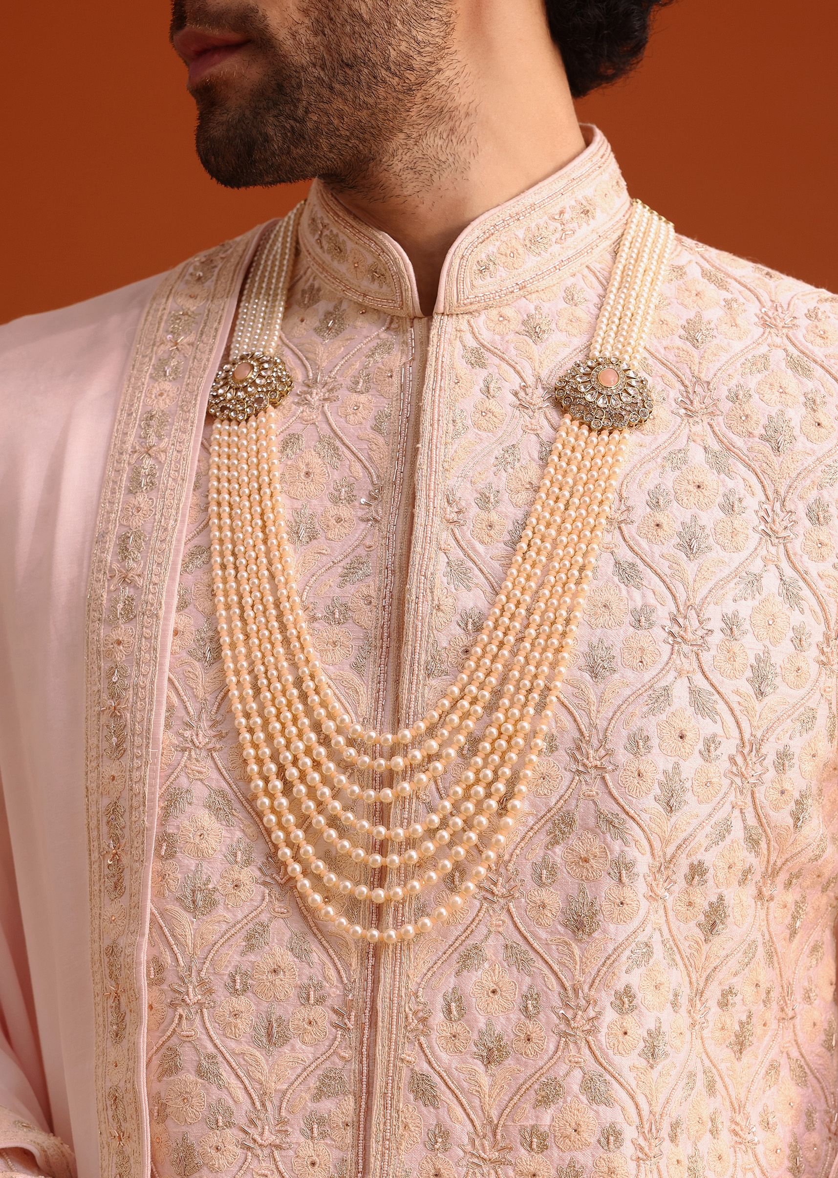 Pink Silk Embroidered Sherwani Set With Dupatta - Image 2