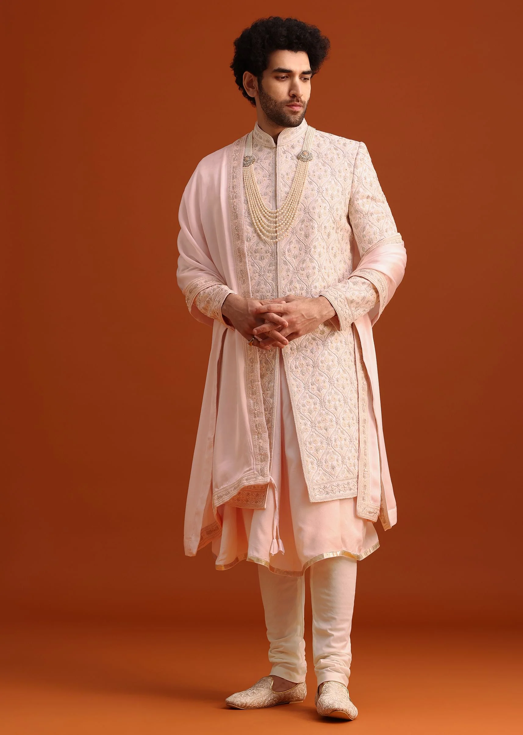 Pink Silk Embroidered Sherwani Set With Dupatta - Image 3