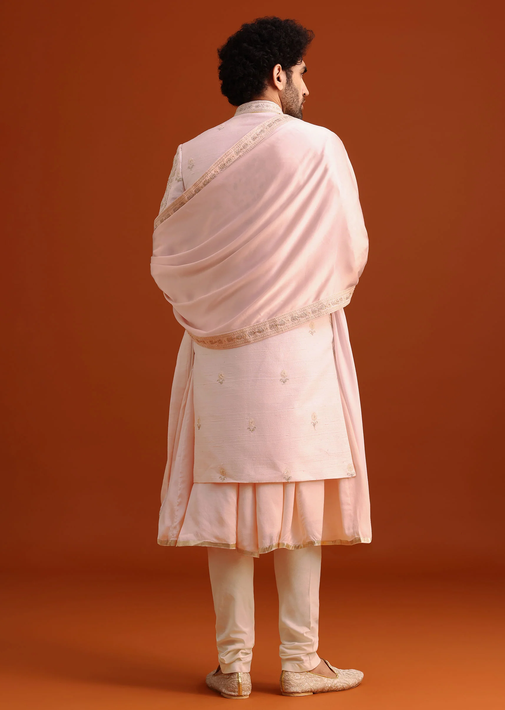 Pink Silk Embroidered Sherwani Set With Dupatta - Image 5