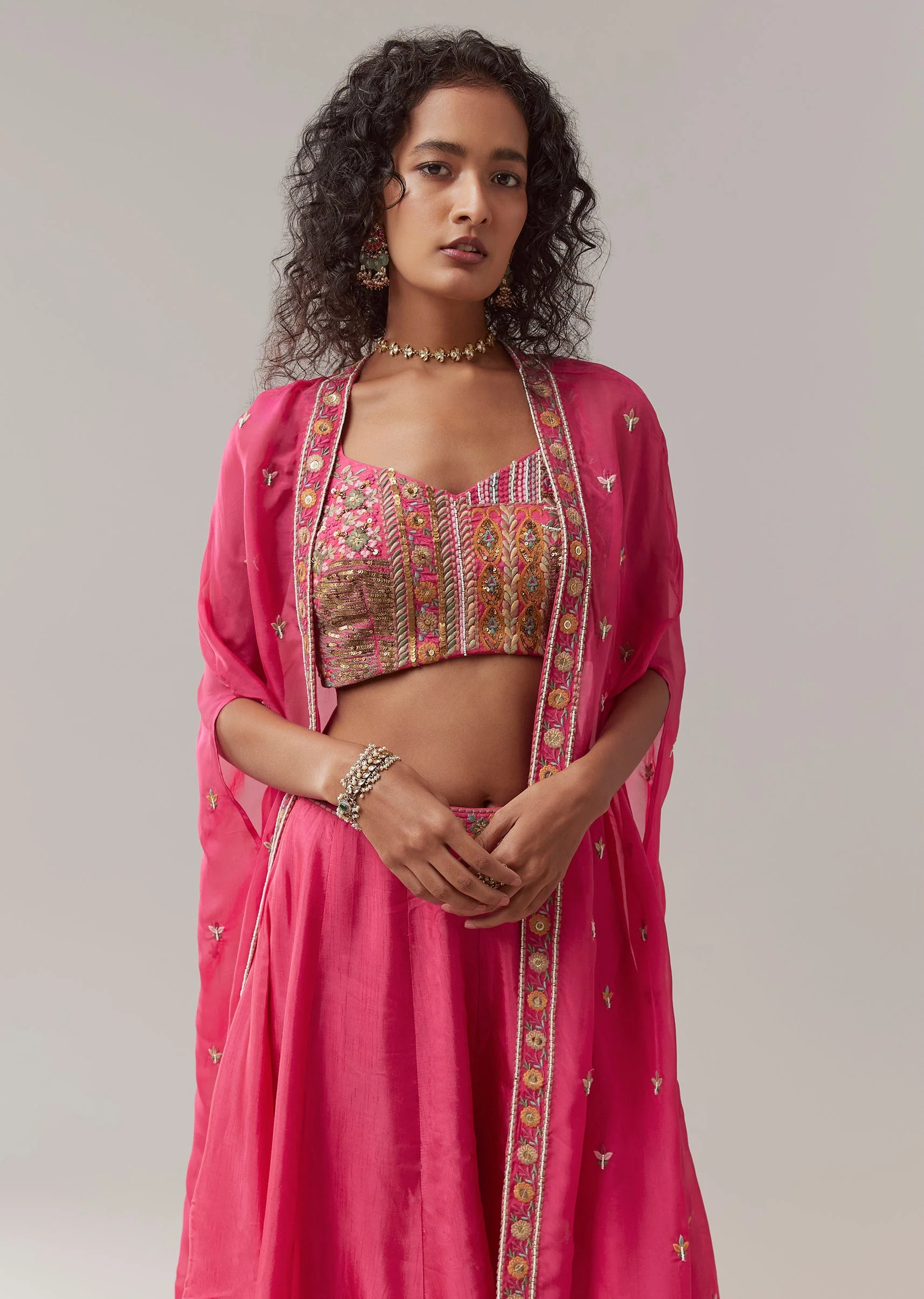 Pink Silk Indowestern Crop Top and Palazzo Set - Image 4