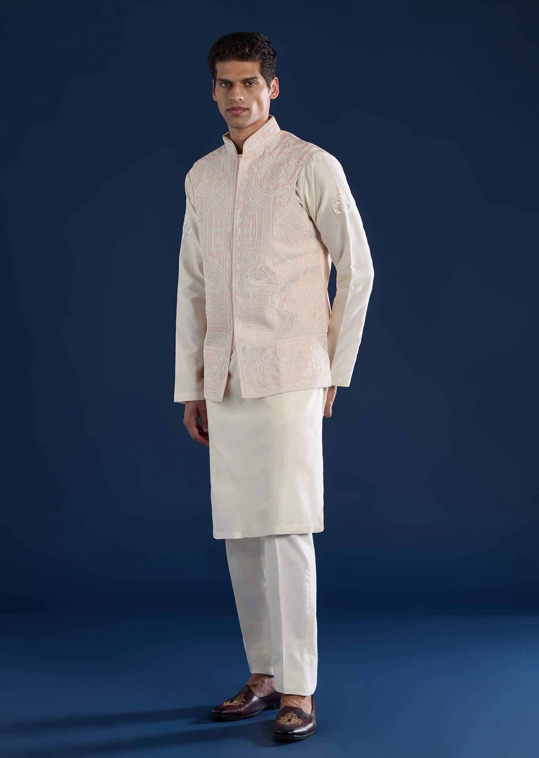 Pink Silk Jacket Kurta Set with Dori Work