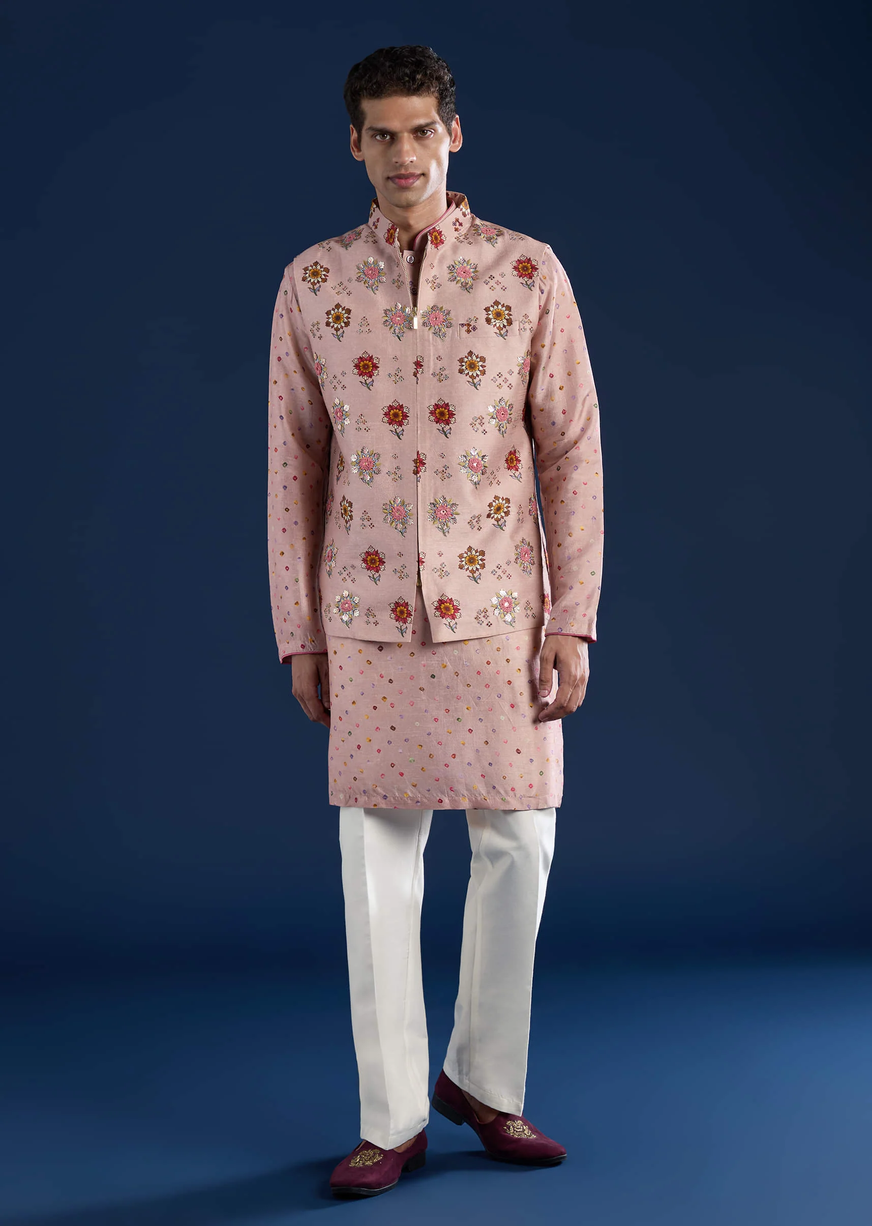 Pink Silk Jacket Kurta Set with Zari Embroidery