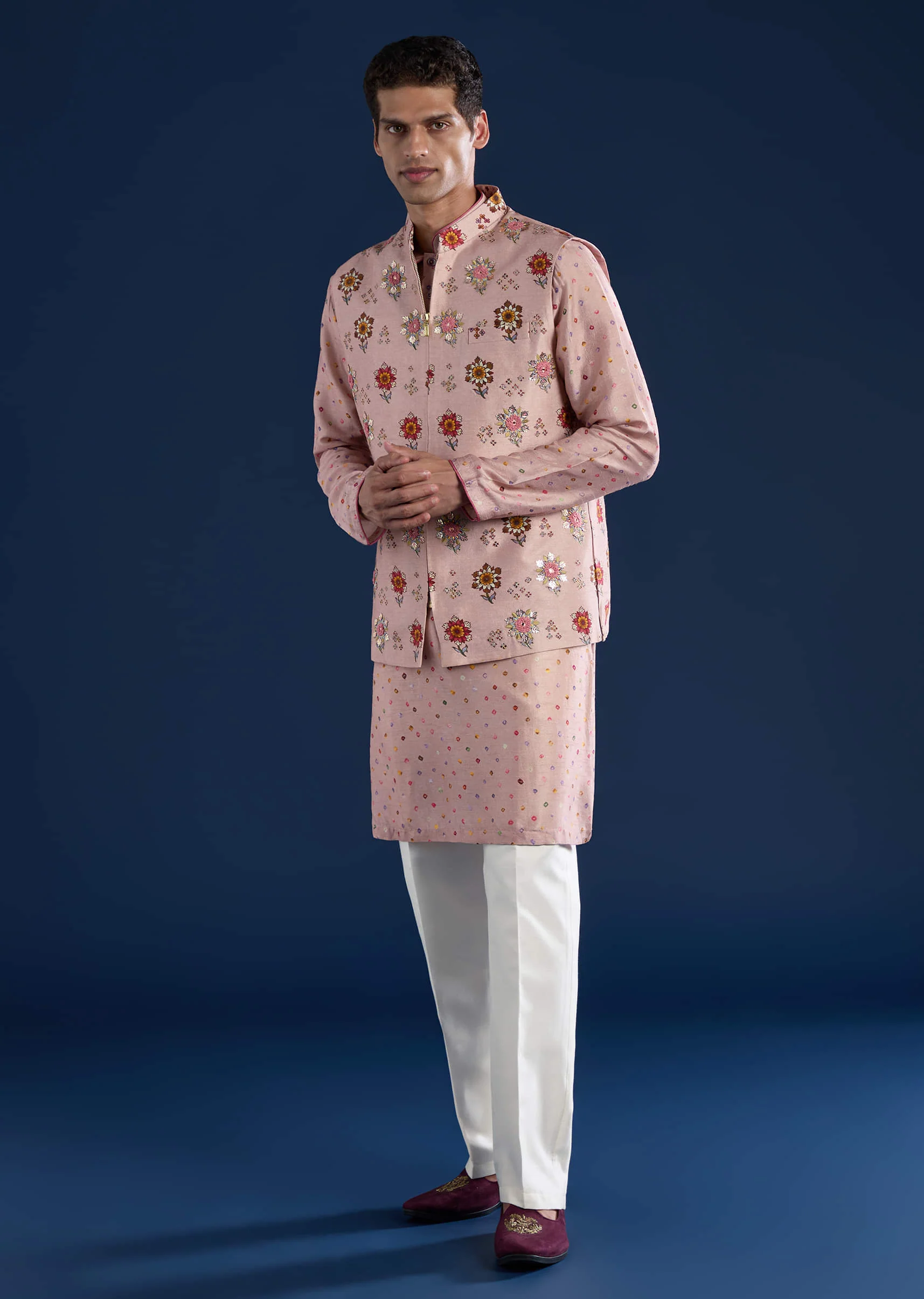 Pink Silk Jacket Kurta Set with Zari Embroidery - Image 3