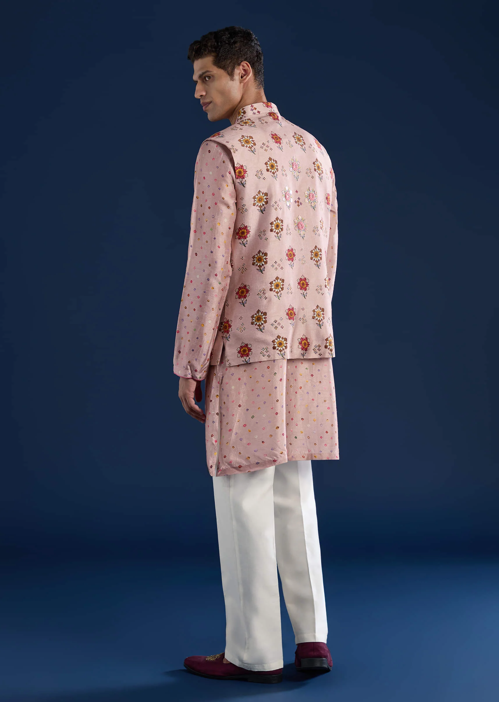Pink Silk Jacket Kurta Set with Zari Embroidery - Image 5
