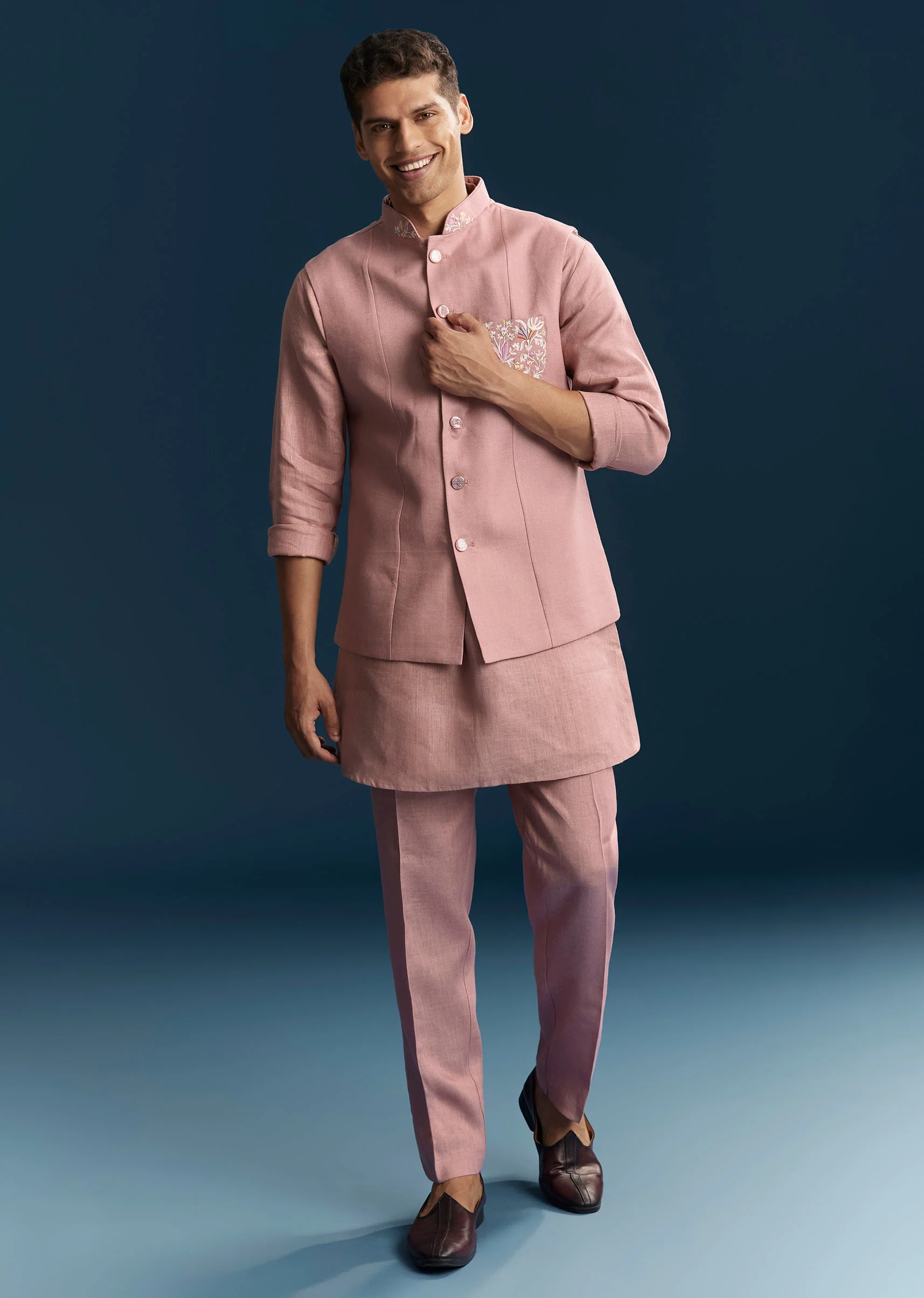 Pink Silk Kurta Jacket Set With Minimal Thread Detail Work - Image 3