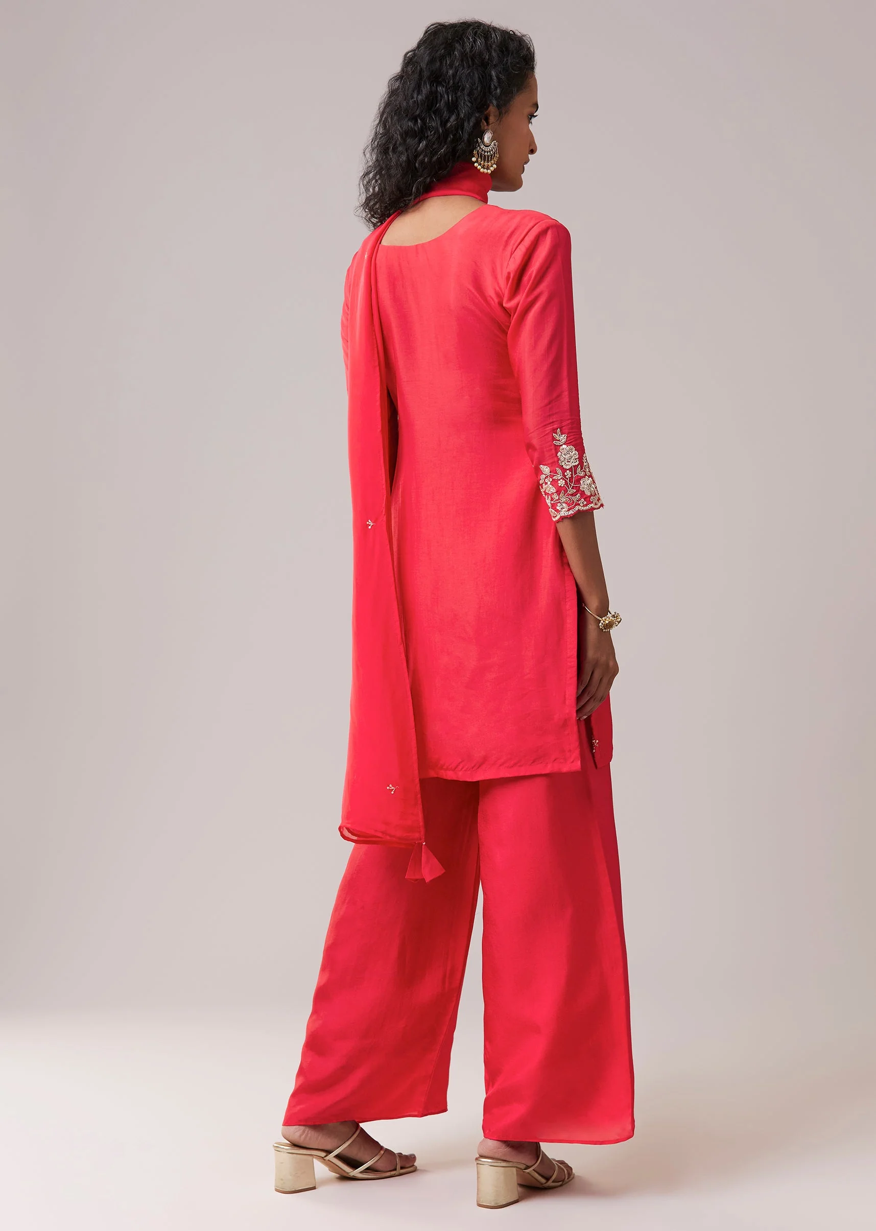 Pink Silk Kurta Palazzo Set with Sequin Work - Image 5