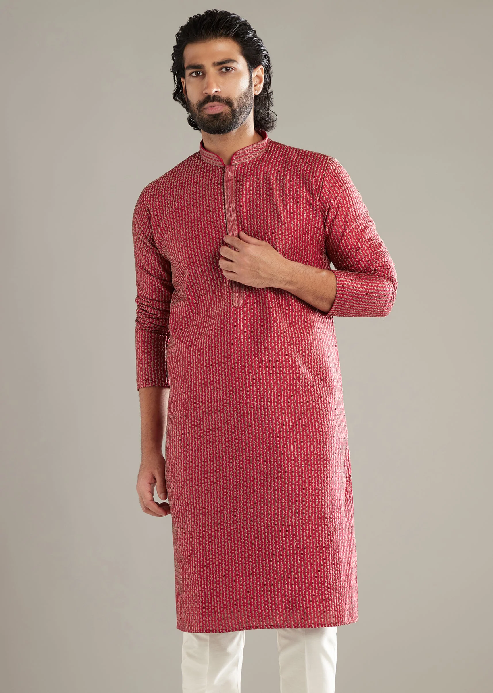 Pink Silk Kurta Set For Men With Floral Print - Image 4