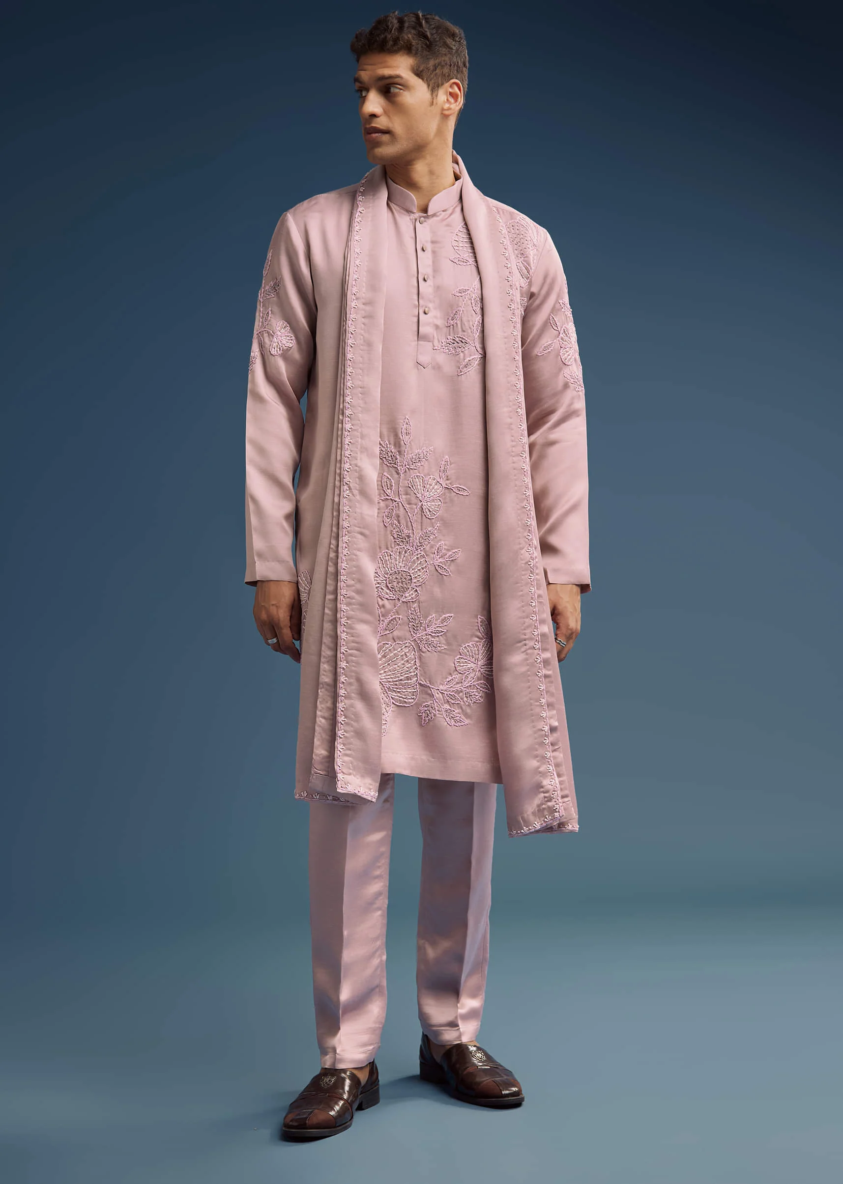Pink Silk Kurta Set For Men With Hand Done Thread Work - Image 3