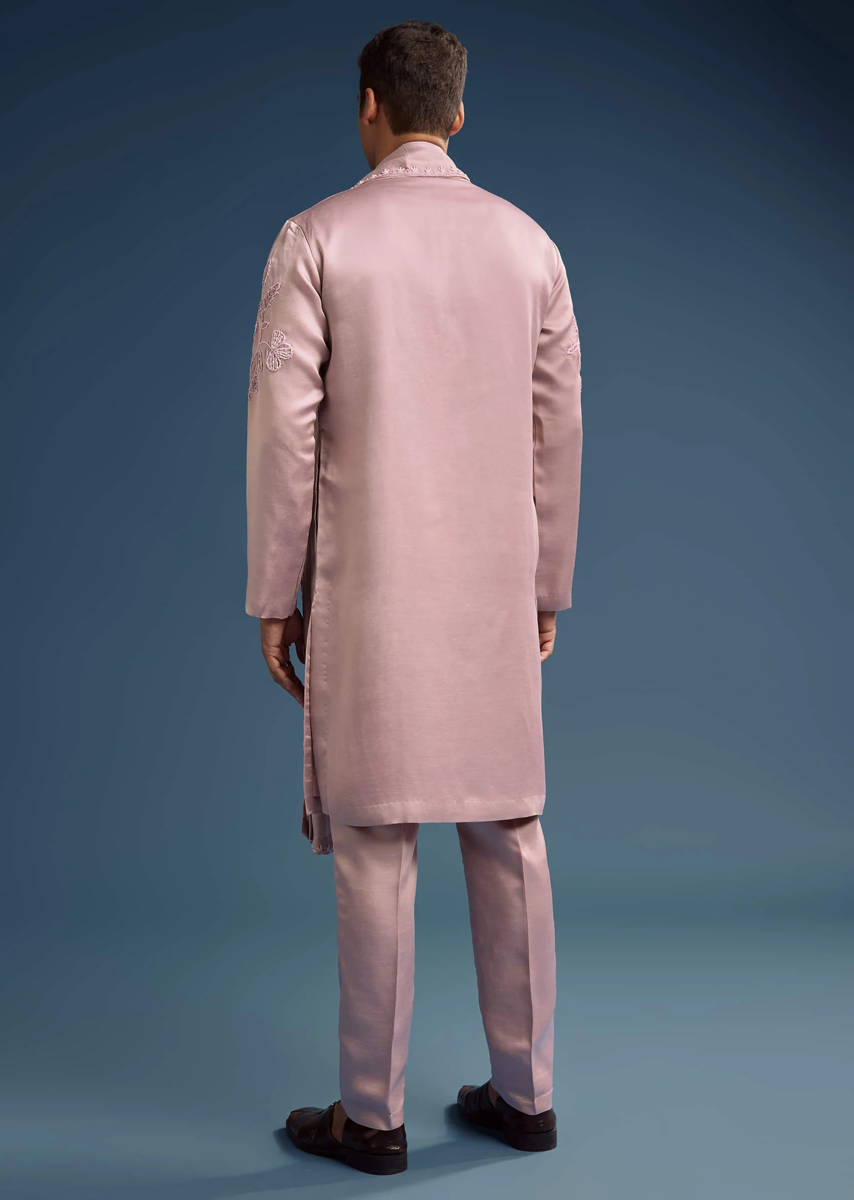 Pink Silk Kurta Set For Men With Hand Done Thread Work - Image 5