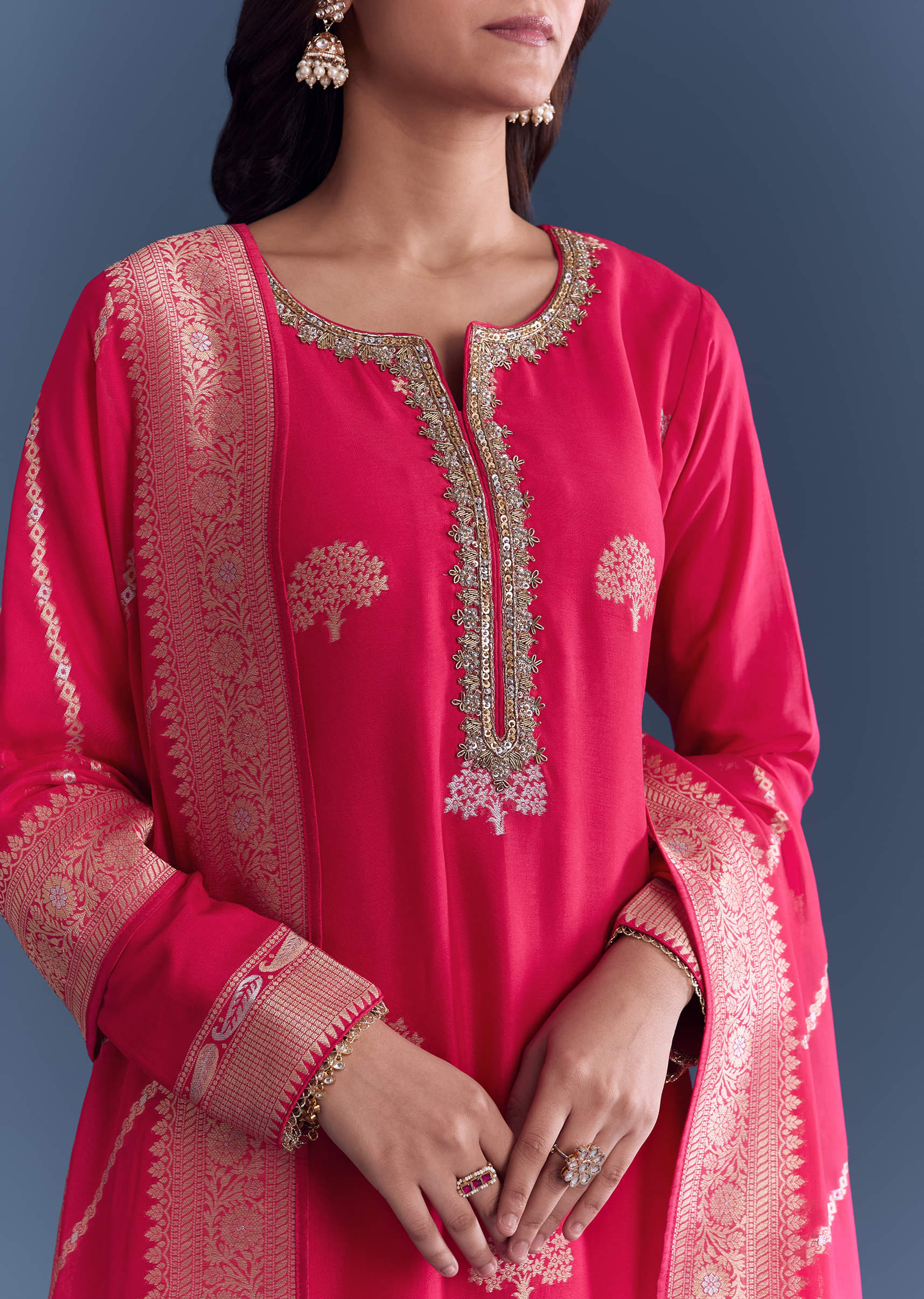 Pink Silk Kurta Set With Banarasi Weave - Image 2