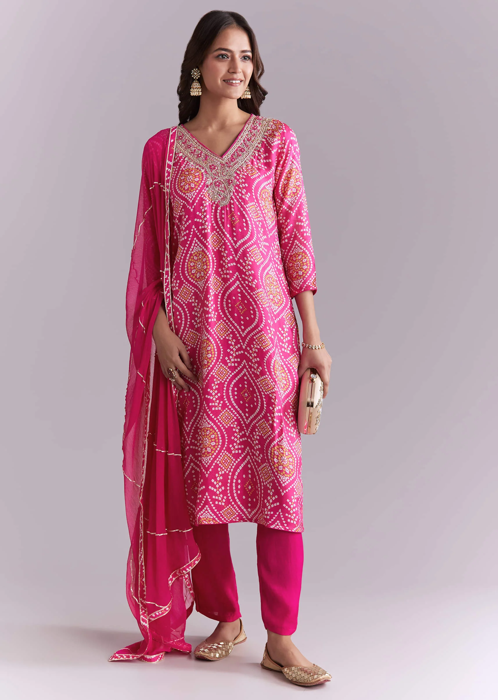 Pink Silk Kurta Set With Bandhani Print And Embroidery - Image 3