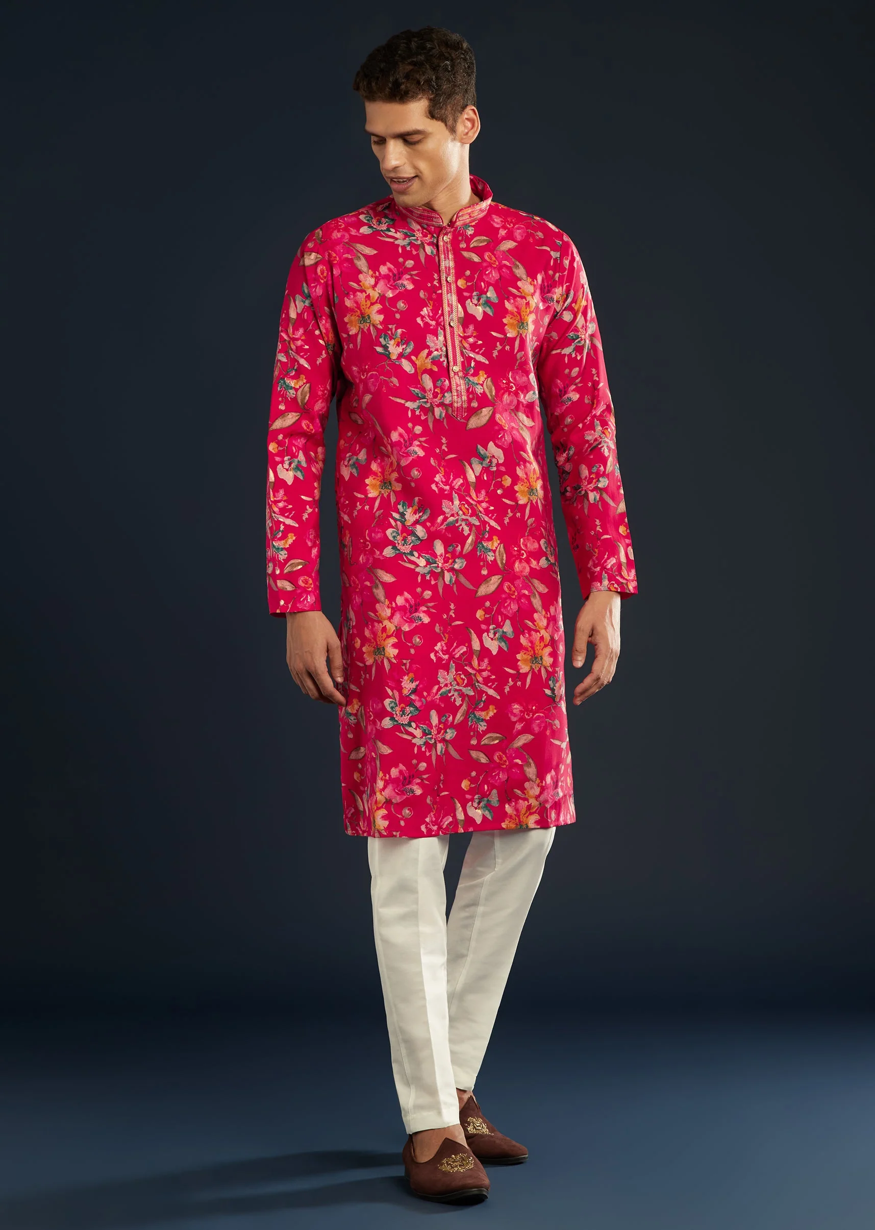 Pink Silk Kurta Set with Floral Motifs