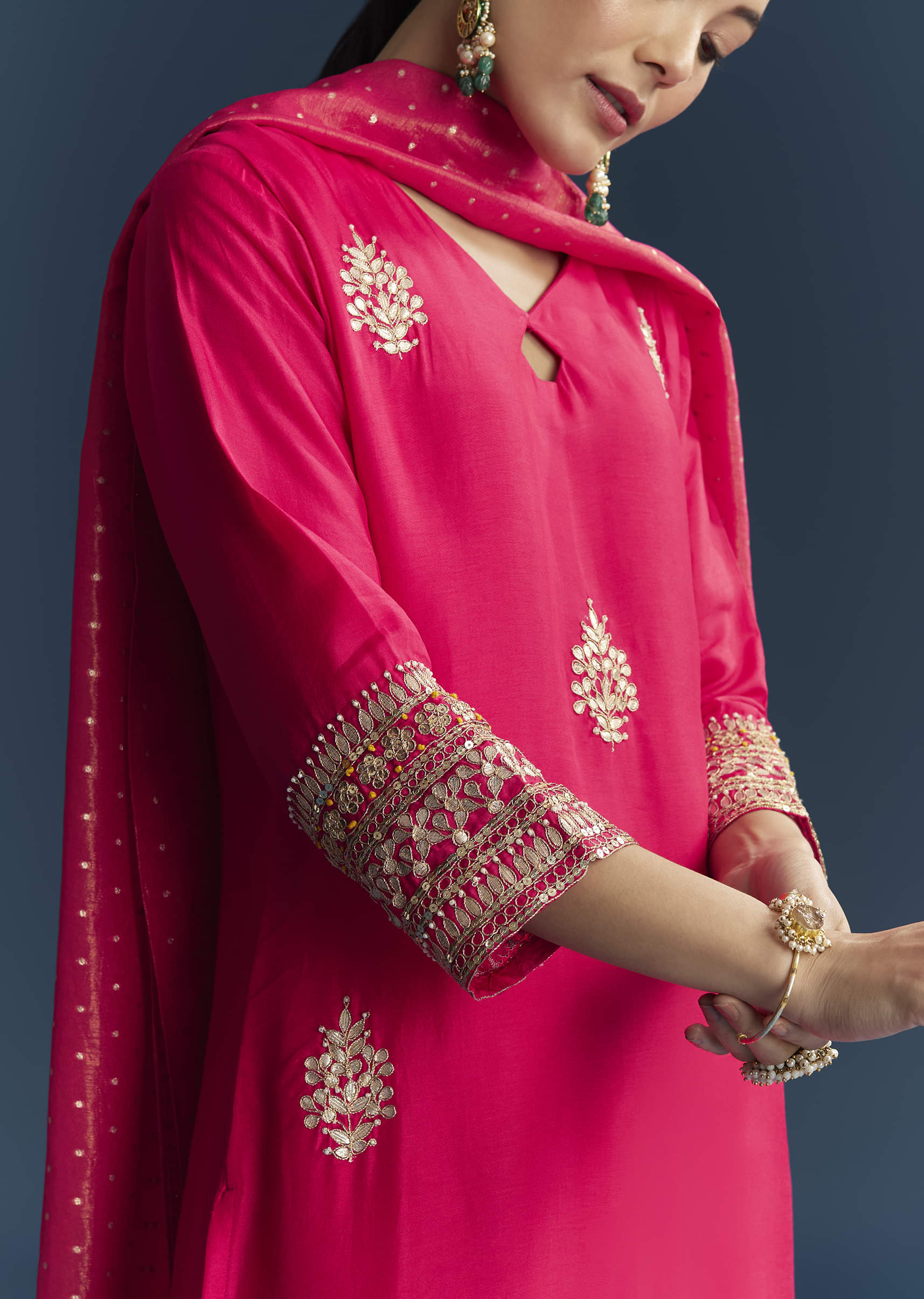 Pink Silk Kurta Set With Gotta Work - Image 2