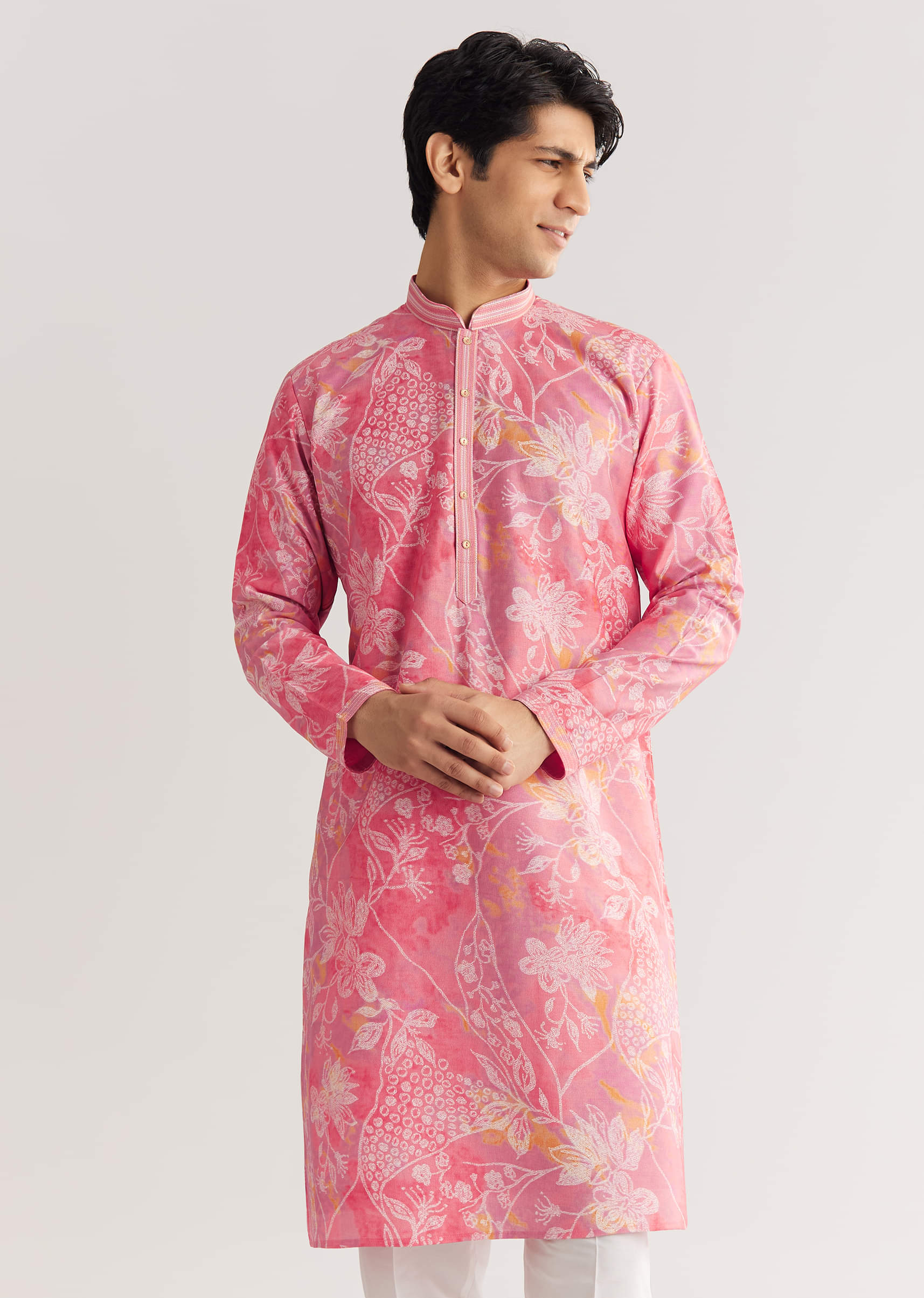 Pink Silk Kurta Set With Mandarin Collar - Image 3