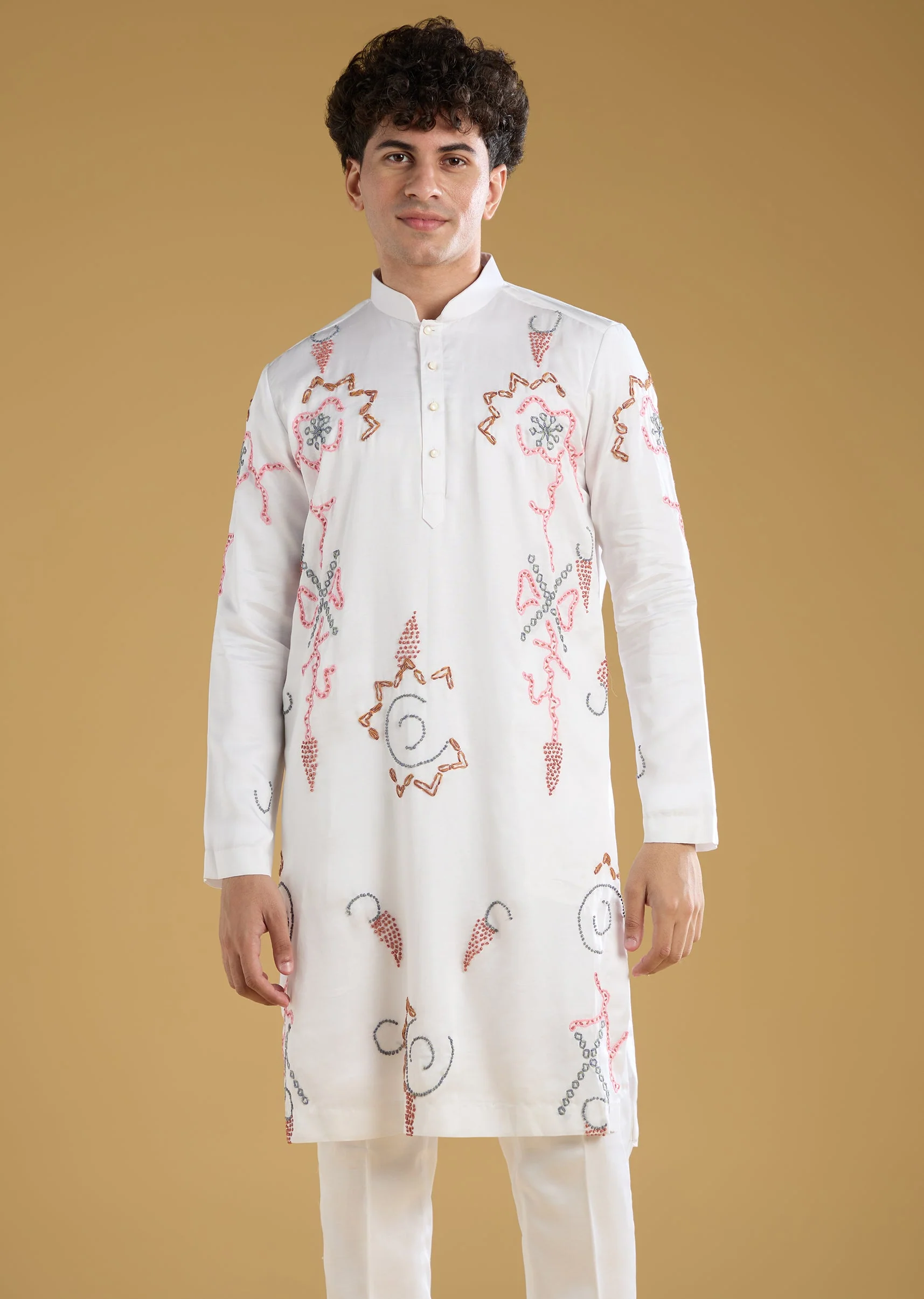Pink Silk Kurta Set With Thread Detail Work - Image 6