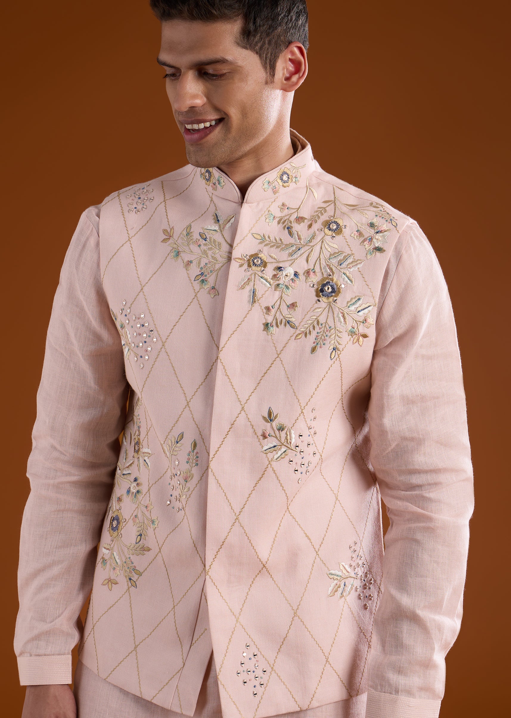 Pink Silk Mens Kurta Jacket Set With Thread And Mirror Work - Image 2