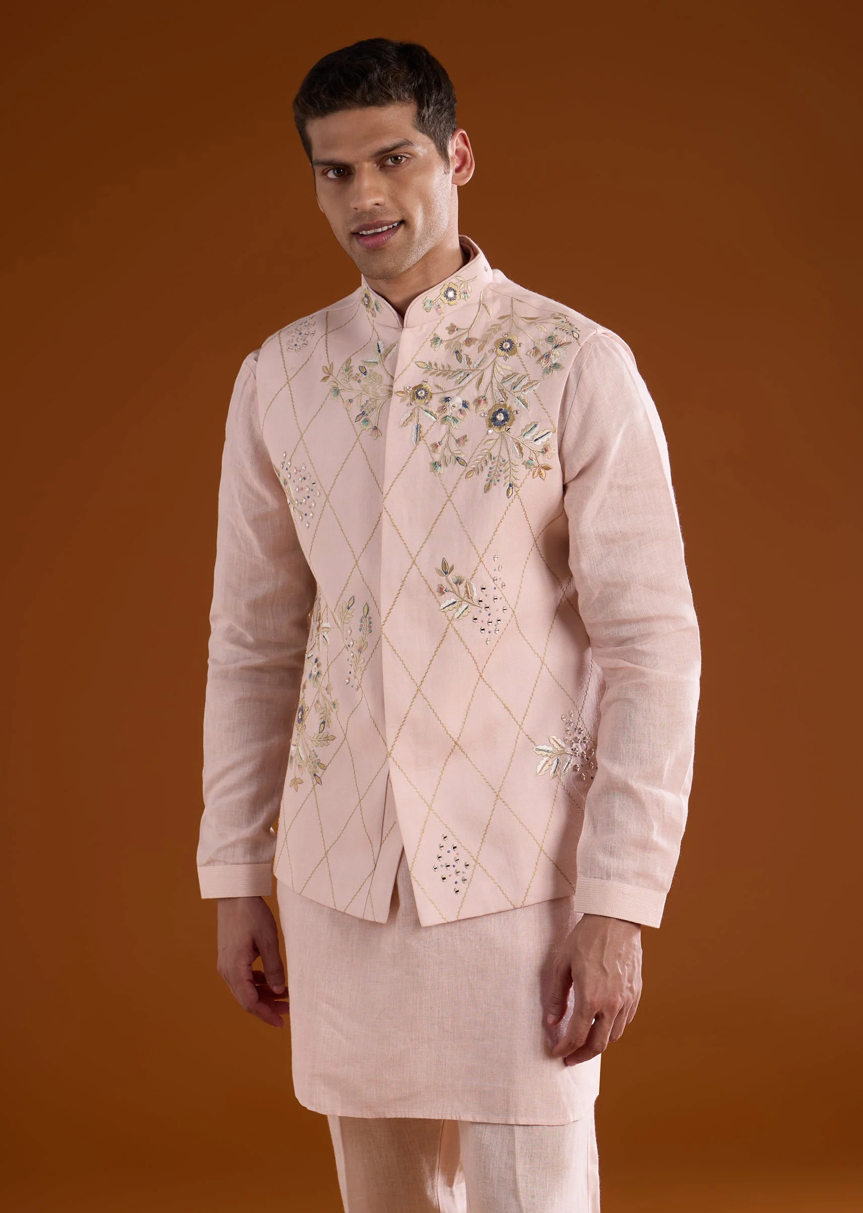 Pink Silk Mens Kurta Jacket Set With Thread And Mirror Work - Image 4