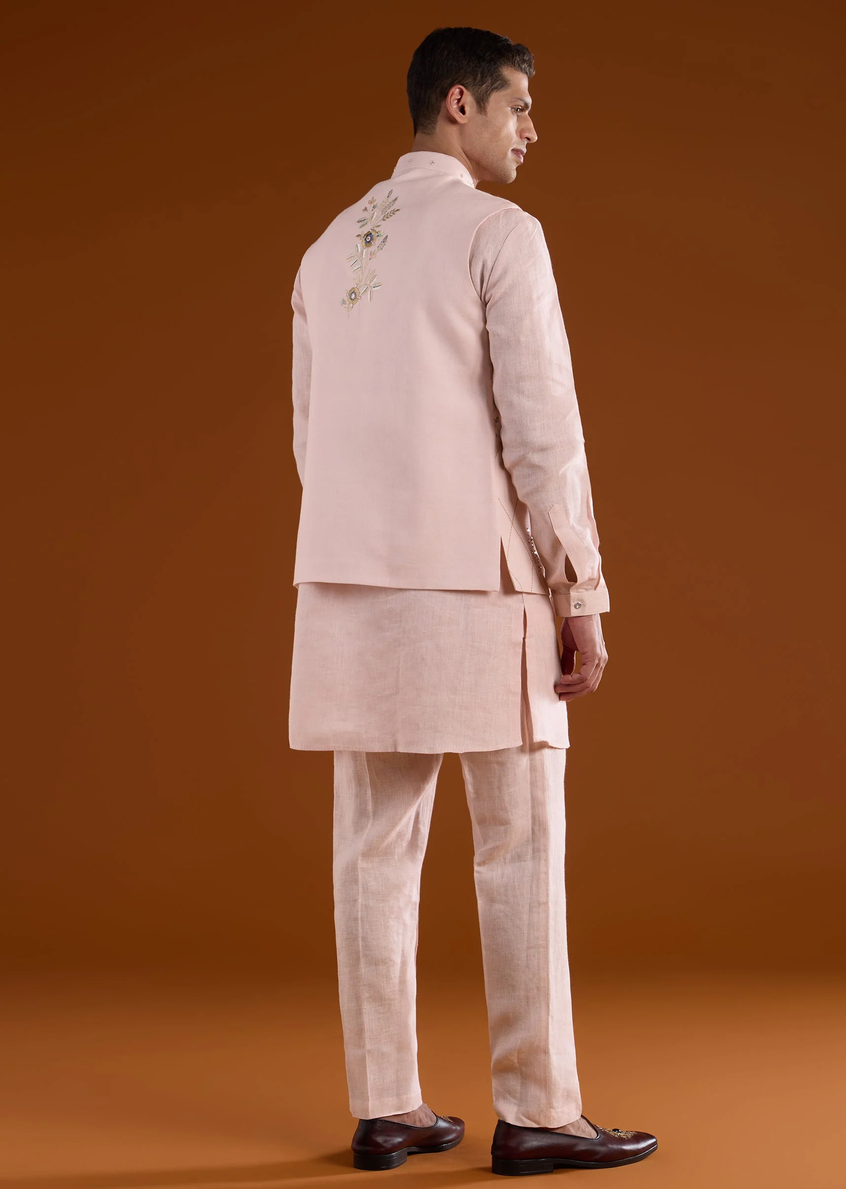 Pink Silk Mens Kurta Jacket Set With Thread And Mirror Work - Image 5