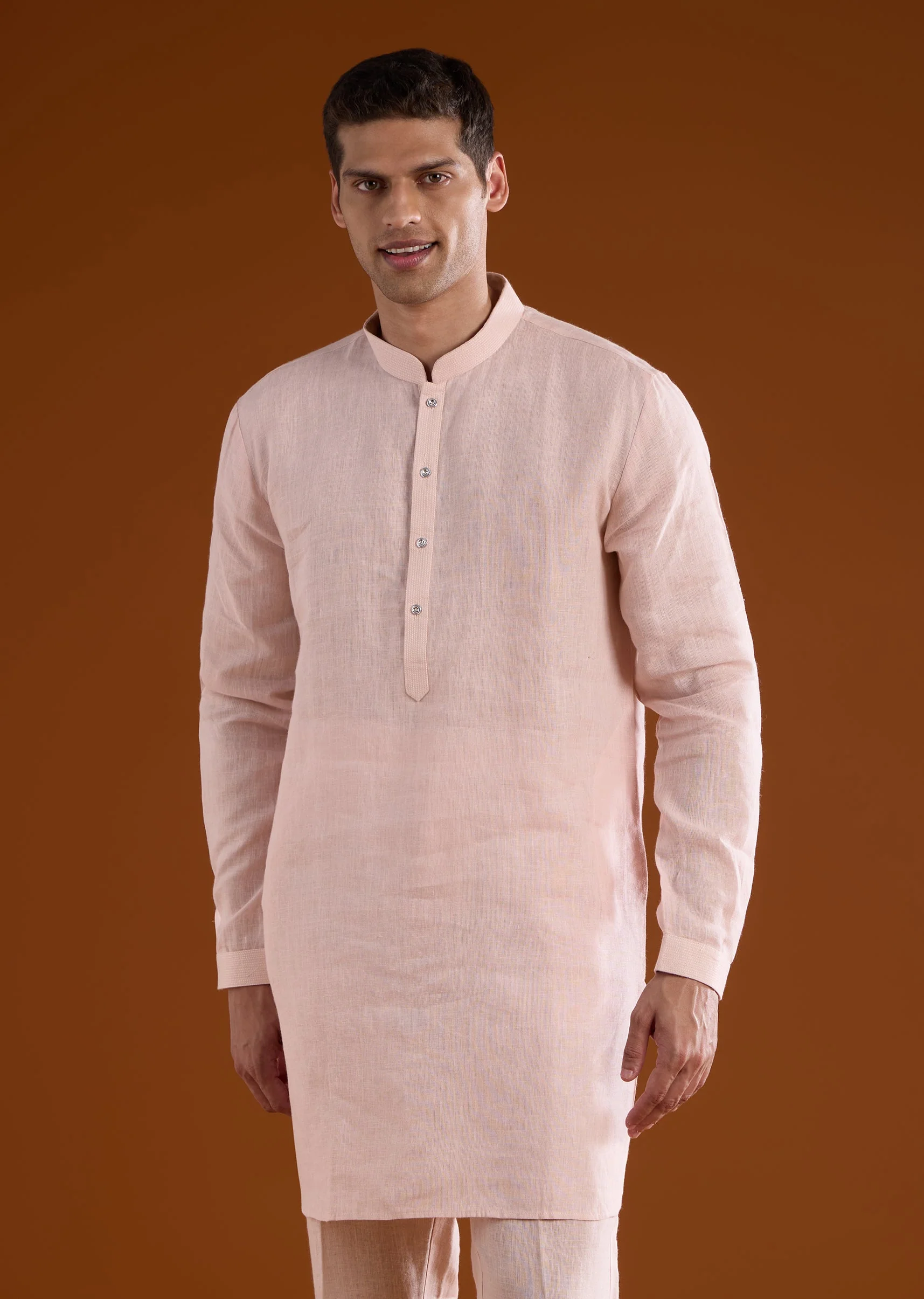 Pink Silk Mens Kurta Jacket Set With Thread And Mirror Work - Image 6