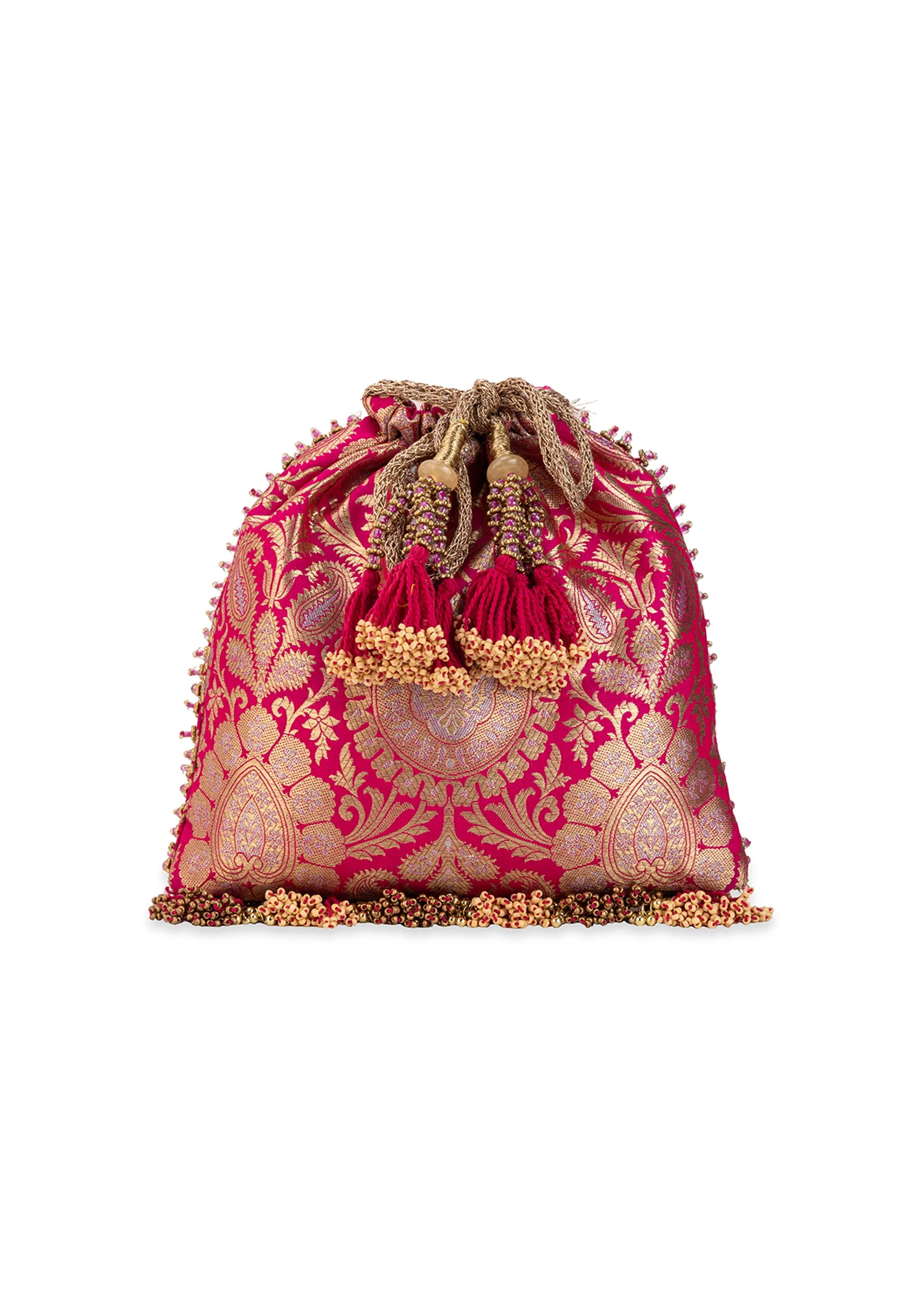 Pink Silk Mirror Embellished Tassel Potli Bag - Image 2