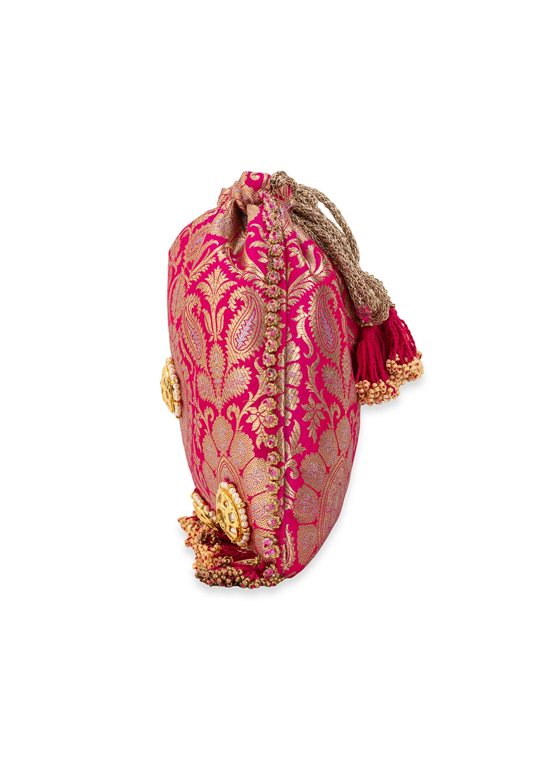 Pink Silk Mirror Embellished Tassel Potli Bag - Image 4