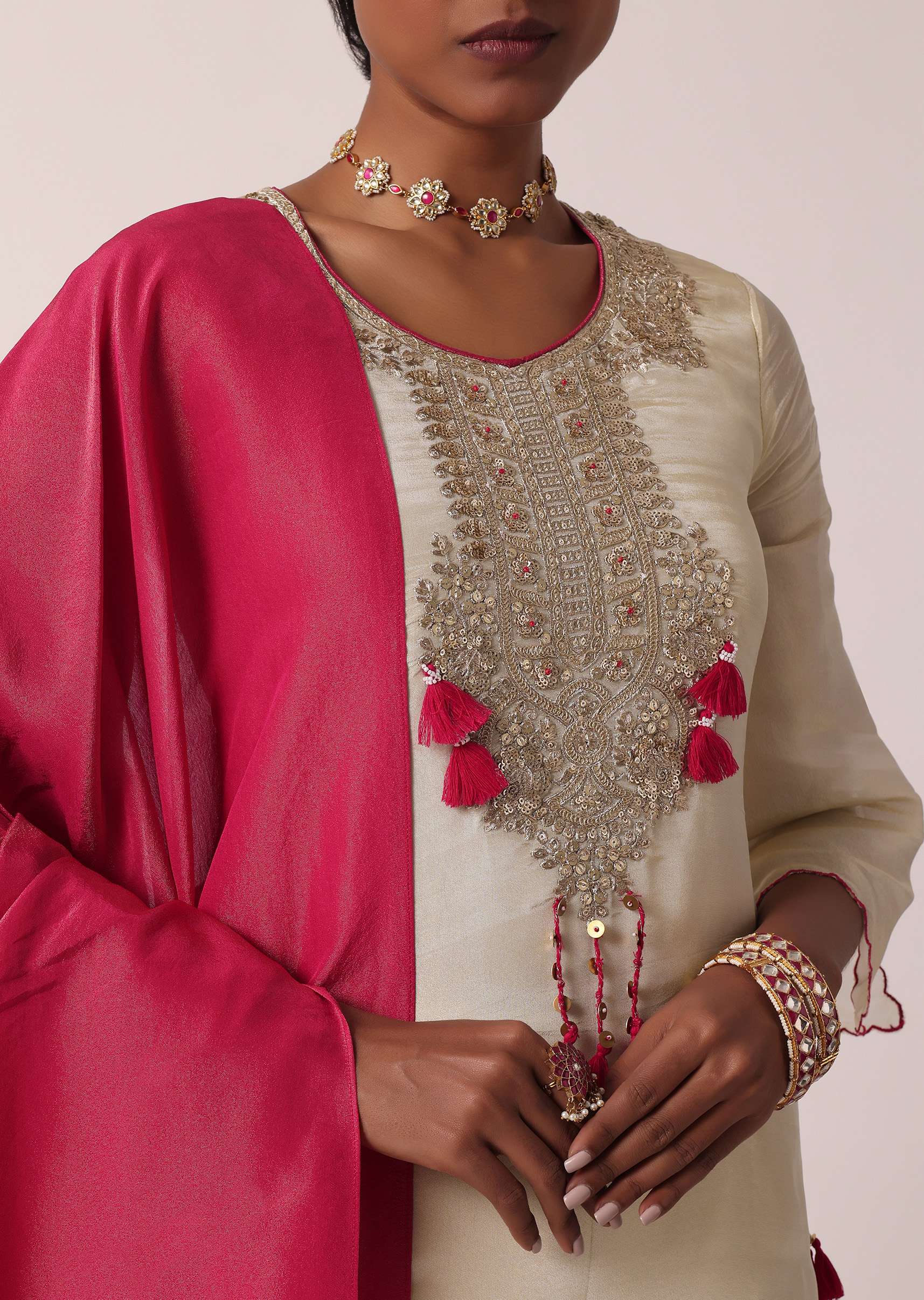 Pink Silk Palazzo Set With Embroidered Kurta - Image 2