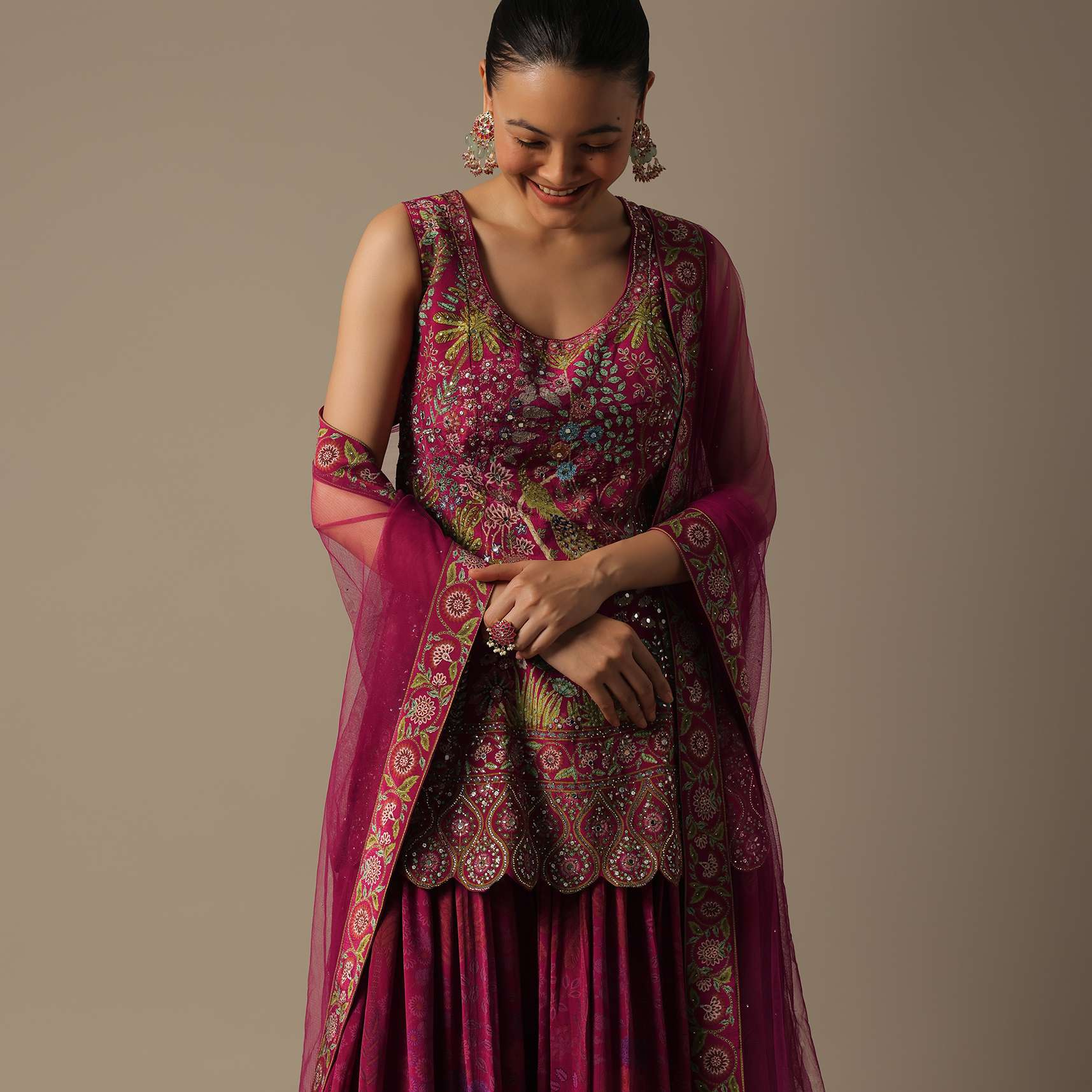 Pink Silk Palazzo Set With Mirror Work - Image 6
