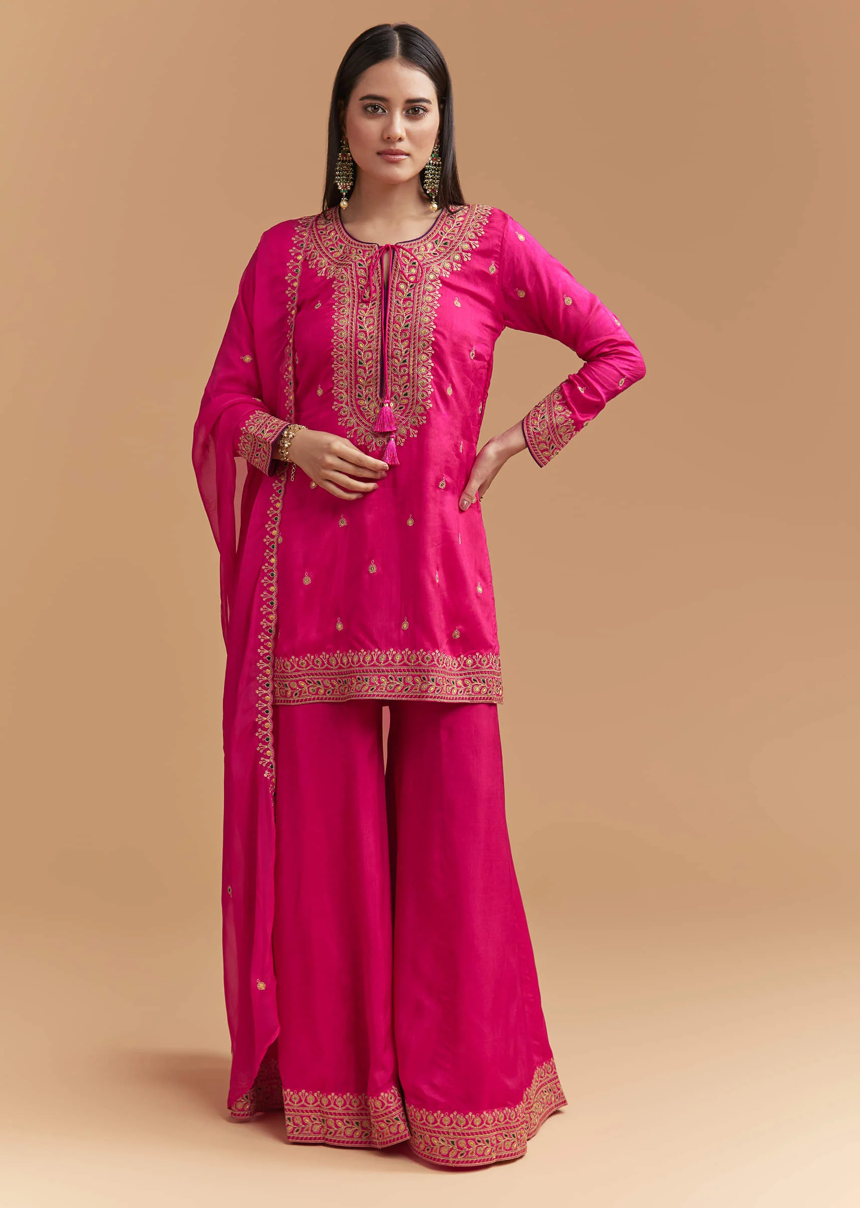 Pink Silk Palazzo Suit With Intricate Zari Work - Image 3