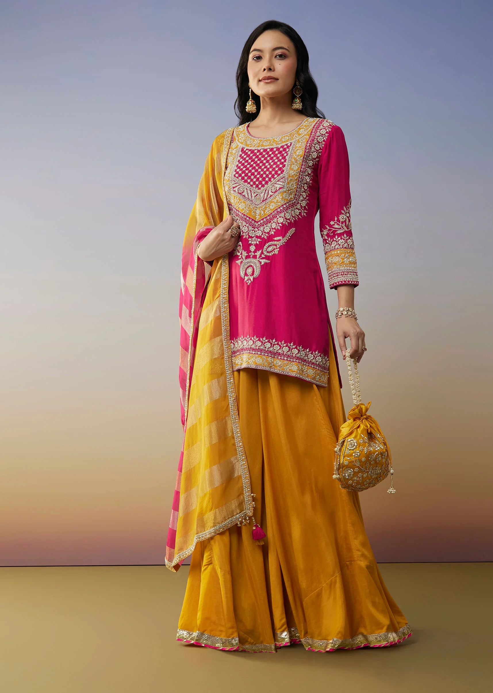 Pink Silk Palazzo Suits with Moti Zardosi Work - Image 3