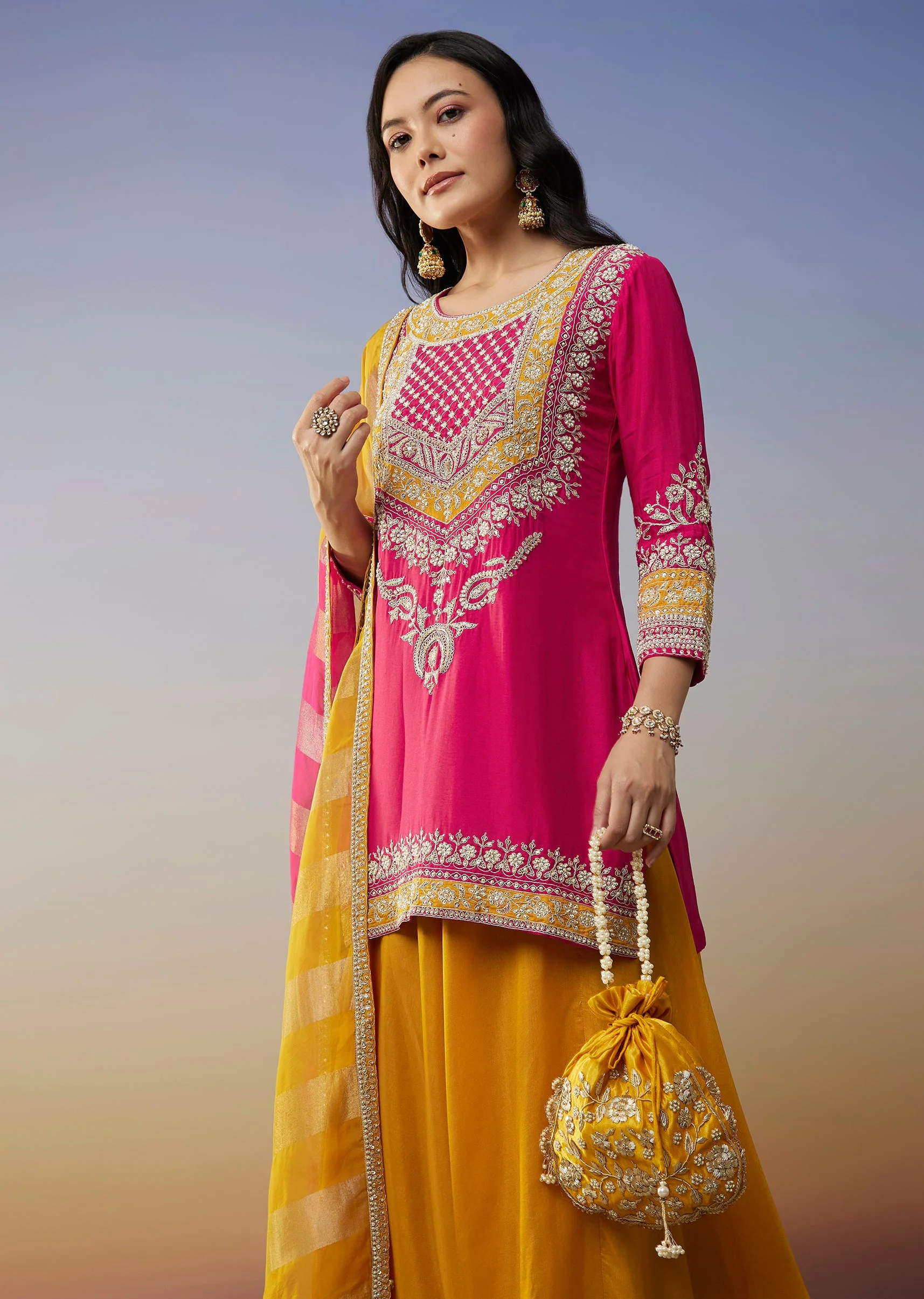 Pink Silk Palazzo Suits with Moti Zardosi Work - Image 4