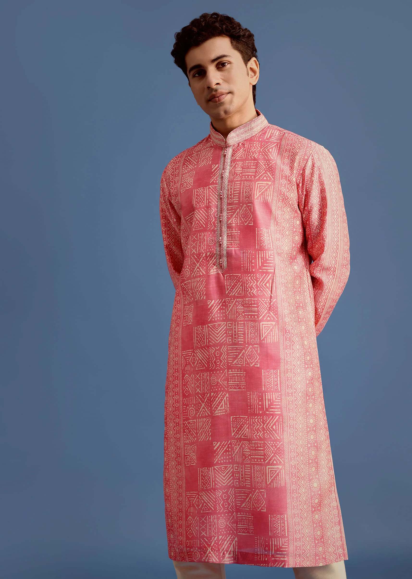 Pink Silk Printed Kurta Set With Mandarin Collar - Image 4