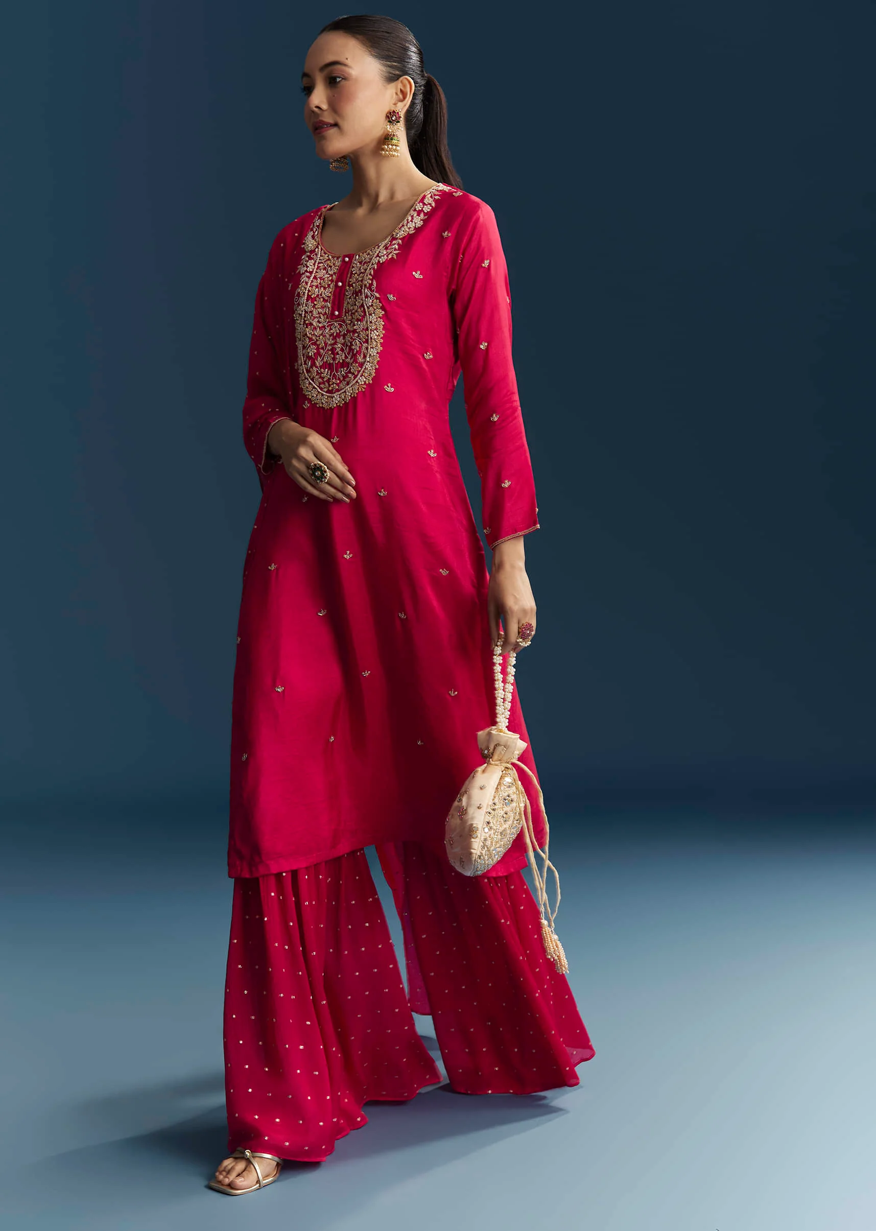Pink Silk Sharara Suit With Zardosi And Sequins Embroidery